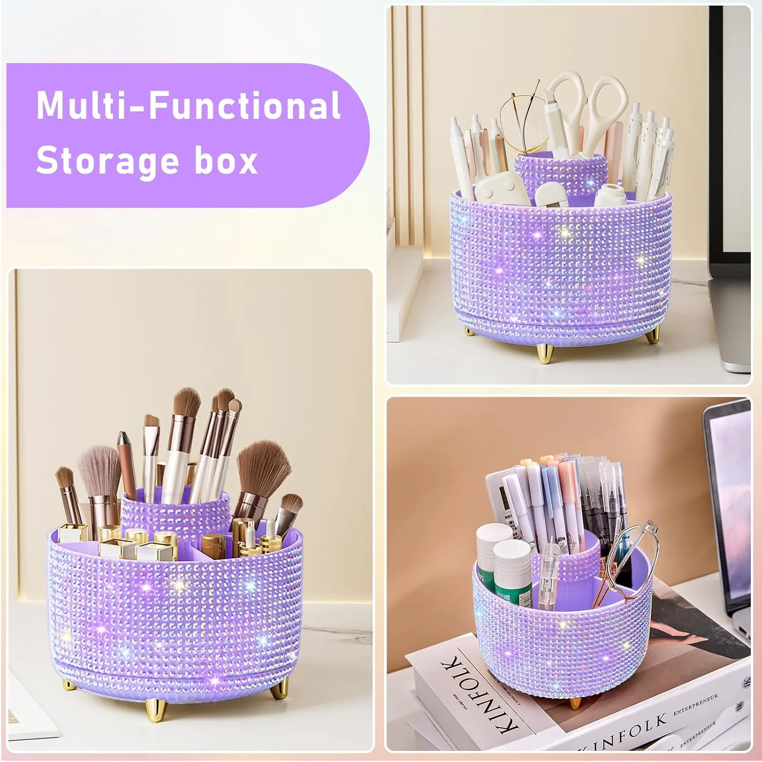 Bling Diamond 360° Makeup Brush Holder Organizer, Rotating Makeup Brush Organizer,5 Slot Make up Brushes Cup for Cosmetics, Vanity Desktop Organizer, Gift for Women Teen Girls- Diamond Purple