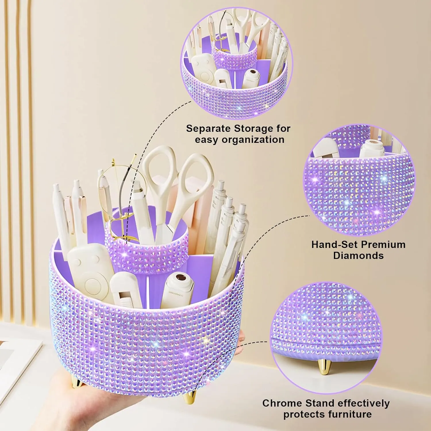 Bling Diamond 360° Makeup Brush Holder Organizer, Rotating Makeup Brush Organizer,5 Slot Make up Brushes Cup for Cosmetics, Vanity Desktop Organizer, Gift for Women Teen Girls- Diamond Purple