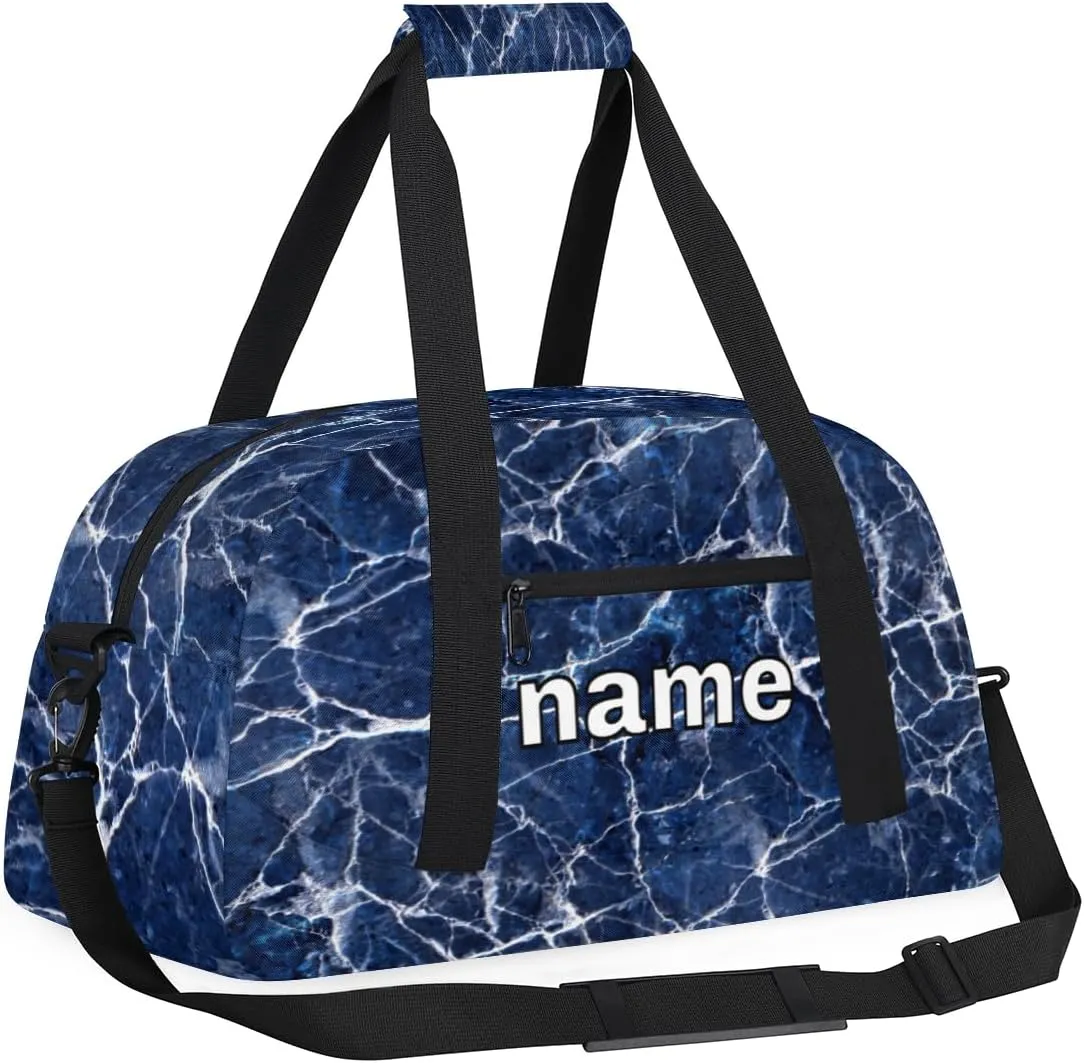 Blue Marble Texture Custom Name Kids Gym Duffel Bag for Little Boys, Personalized Sport Duffle Practice Bag Teen Travel Weekender Overnight Carry On Bag, Customized Kids Gifts