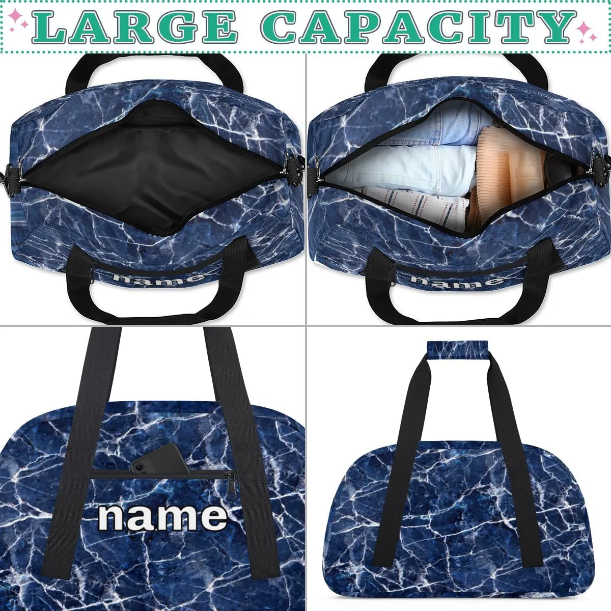 Blue Marble Texture Custom Name Kids Gym Duffel Bag for Little Boys, Personalized Sport Duffle Practice Bag Teen Travel Weekender Overnight Carry On Bag, Customized Kids Gifts