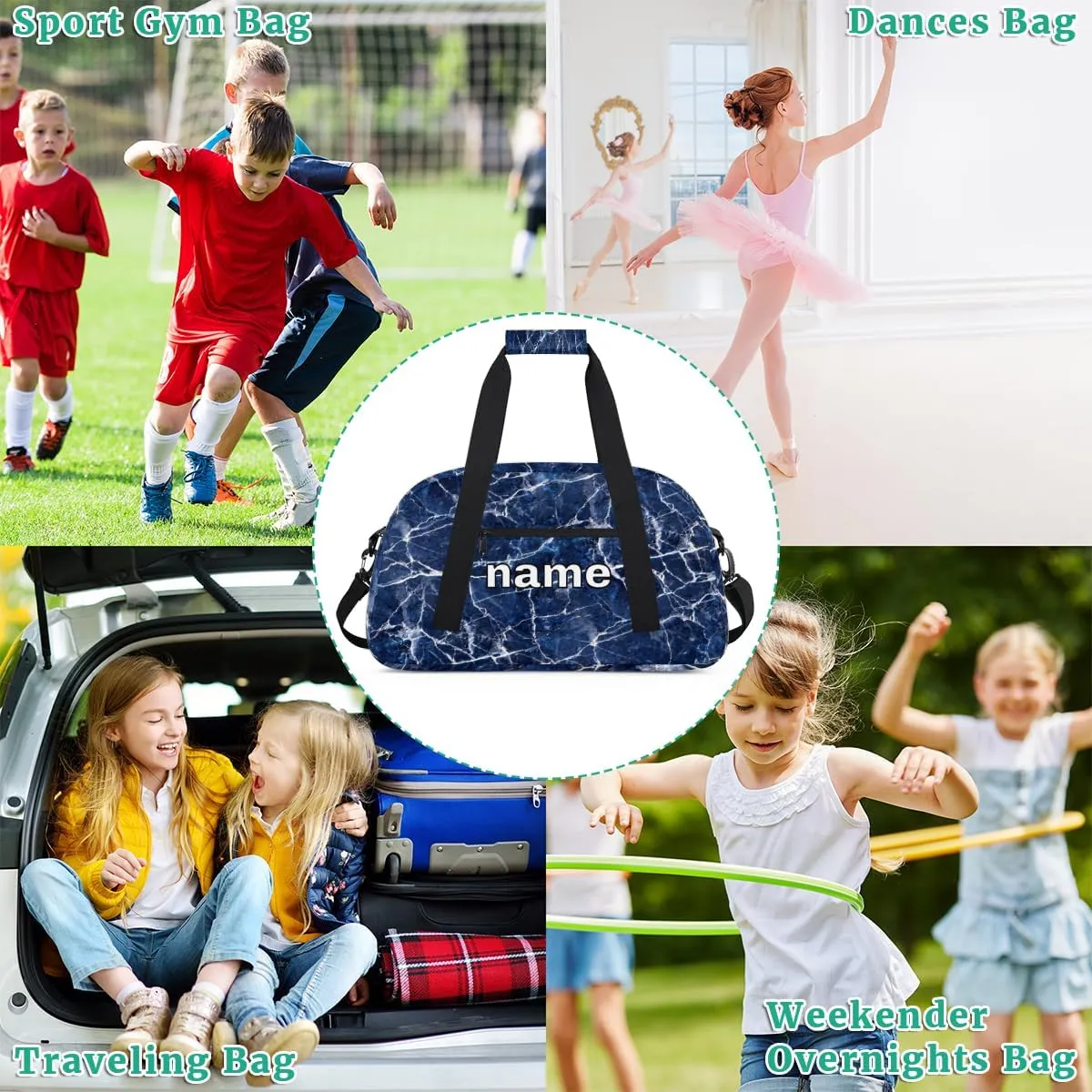 Blue Marble Texture Custom Name Kids Gym Duffel Bag for Little Boys, Personalized Sport Duffle Practice Bag Teen Travel Weekender Overnight Carry On Bag, Customized Kids Gifts