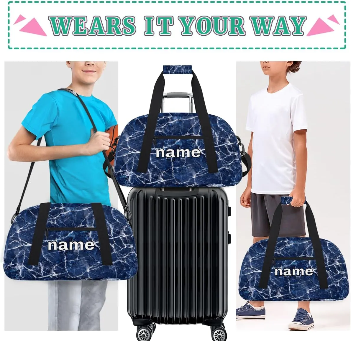 Blue Marble Texture Custom Name Kids Gym Duffel Bag for Little Boys, Personalized Sport Duffle Practice Bag Teen Travel Weekender Overnight Carry On Bag, Customized Kids Gifts