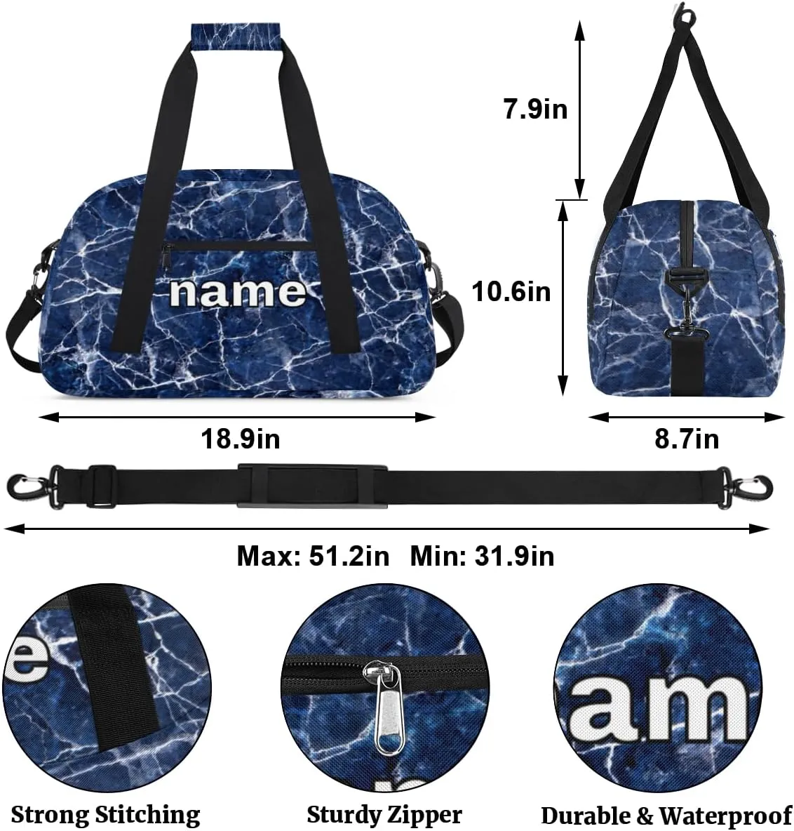 Blue Marble Texture Custom Name Kids Gym Duffel Bag for Little Boys, Personalized Sport Duffle Practice Bag Teen Travel Weekender Overnight Carry On Bag, Customized Kids Gifts