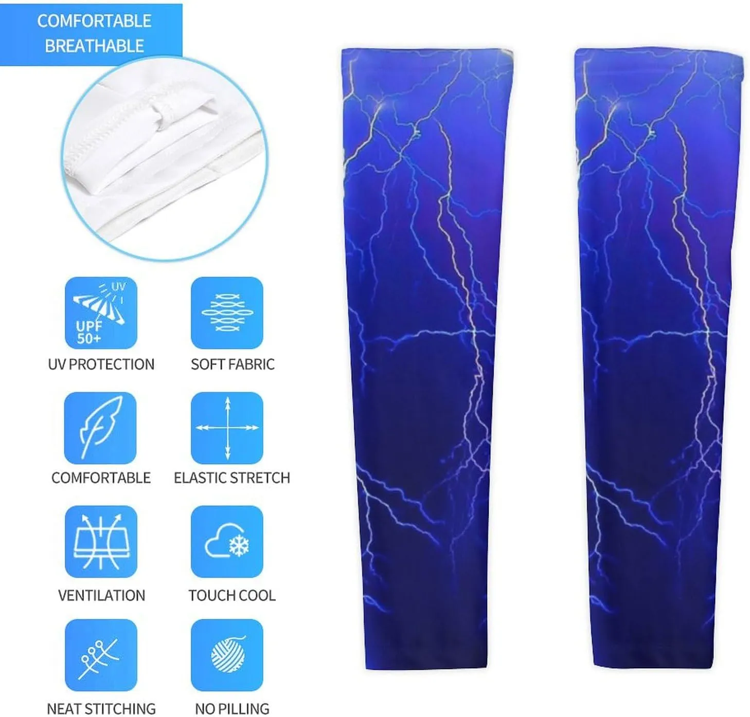 Blue Thunder Storm Cooling Arm Sleeves for Men Women UV Sun Protection Golf Sports Compression