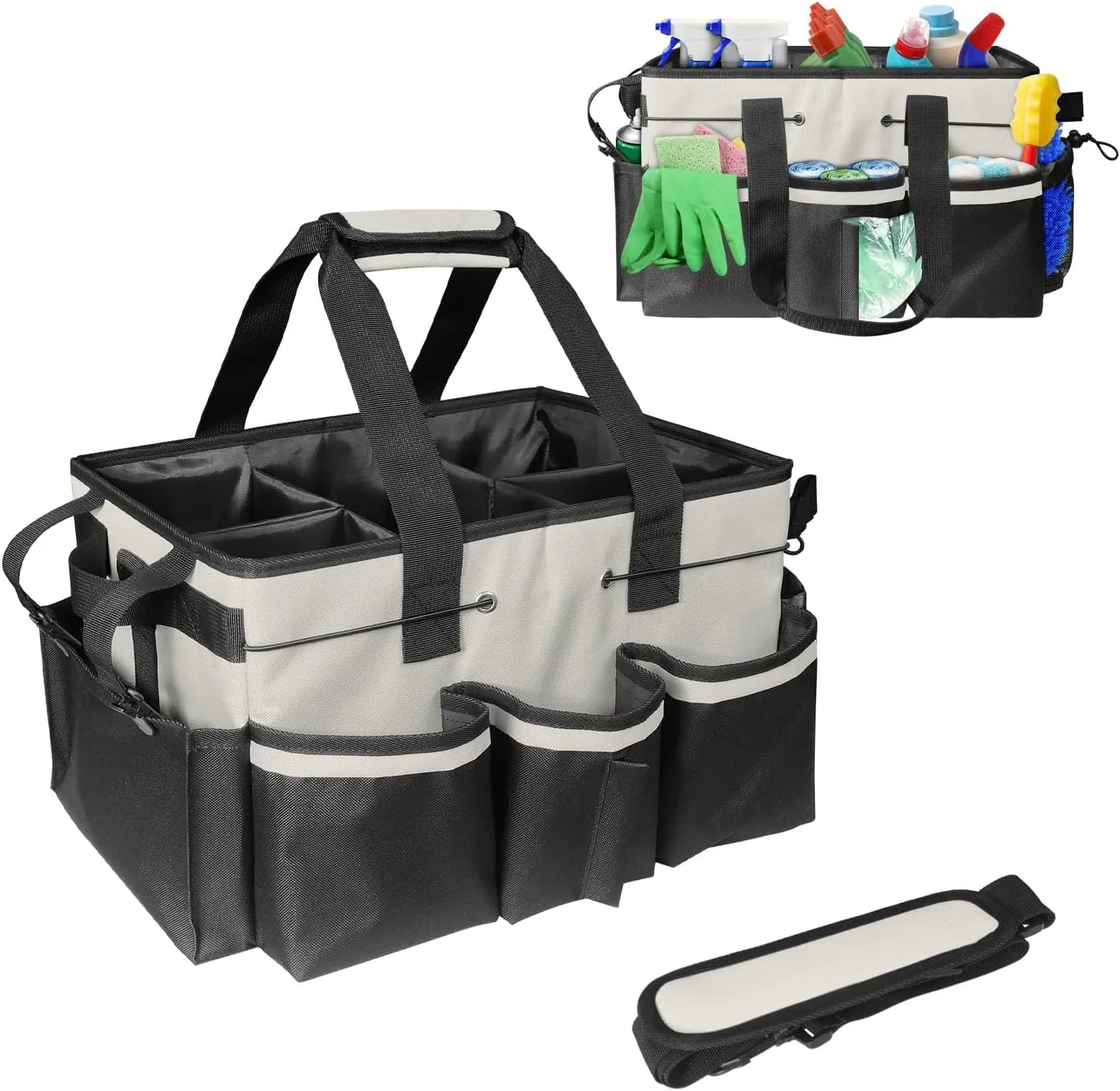 Boczif Cleaning Caddy Bag Wearable, Cleaning Caddy Supplies Organizer with Handle, Shoulder Straps & Detachable Divide, Cleaning Tool Organizers Tote Bag for Cleaners & Housekeepers (White)