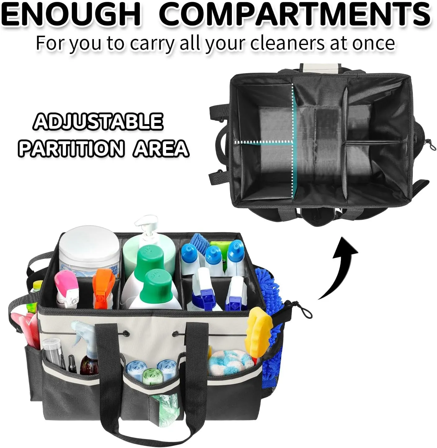 Boczif Cleaning Caddy Bag Wearable, Cleaning Caddy Supplies Organizer with Handle, Shoulder Straps & Detachable Divide, Cleaning Tool Organizers Tote Bag for Cleaners & Housekeepers (White)