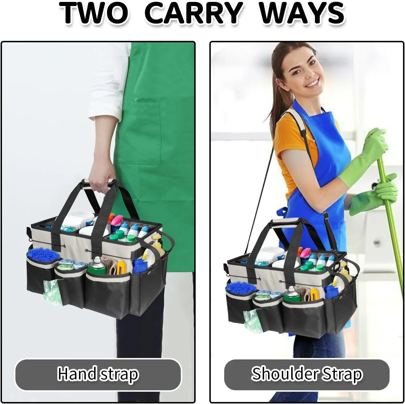 Boczif Cleaning Caddy Bag Wearable, Cleaning Caddy Supplies Organizer with Handle, Shoulder Straps & Detachable Divide, Cleaning Tool Organizers Tote Bag for Cleaners & Housekeepers (White)