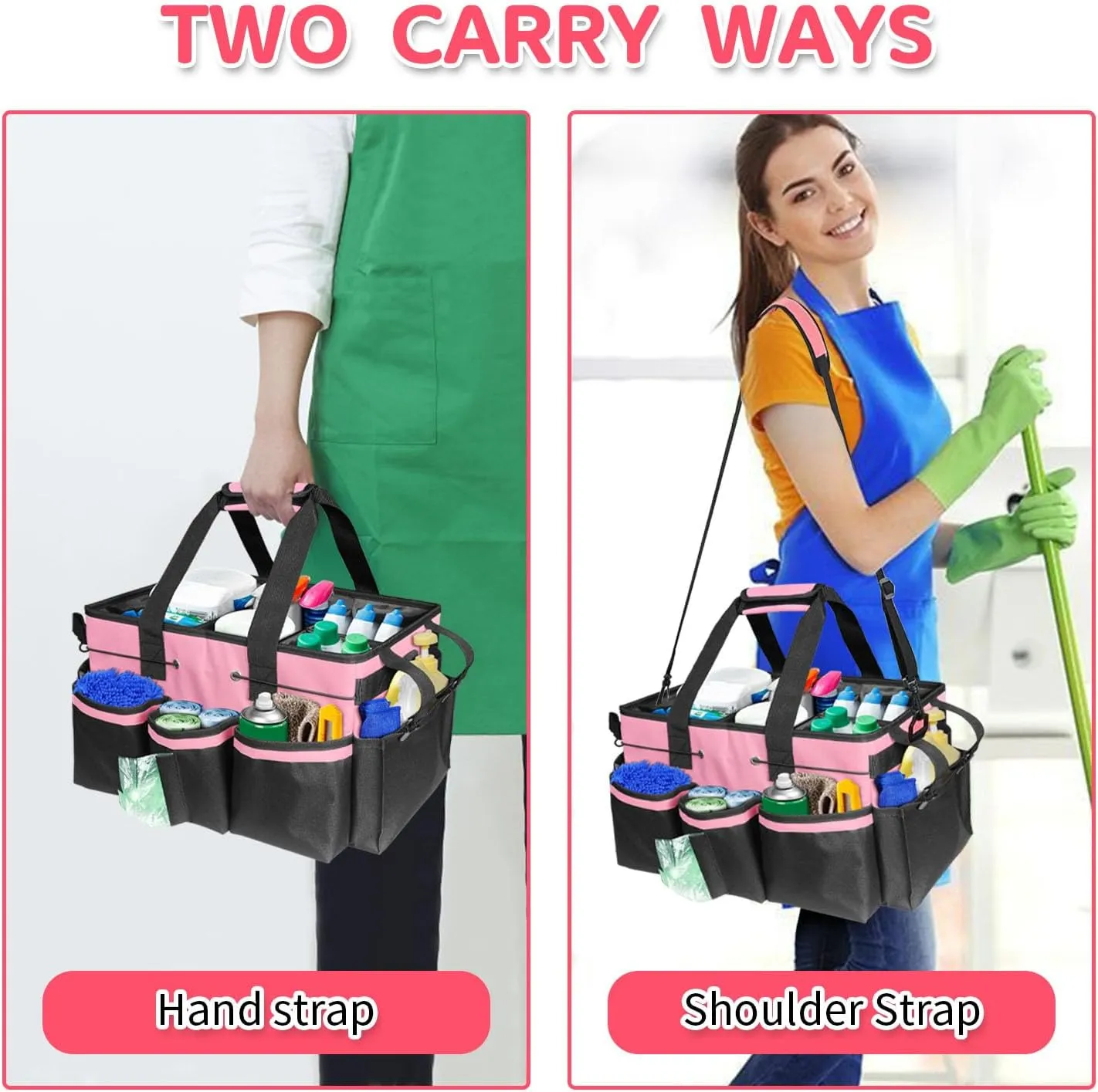 Boczif Cleaning Caddy Bag Wearable, Cleaning Caddy Supplies Organizer with Handle, Shoulder Straps & Detachable Divide, Cleaning Tool Organizers Tote Bag for Cleaners & Housekeepers(Pink)