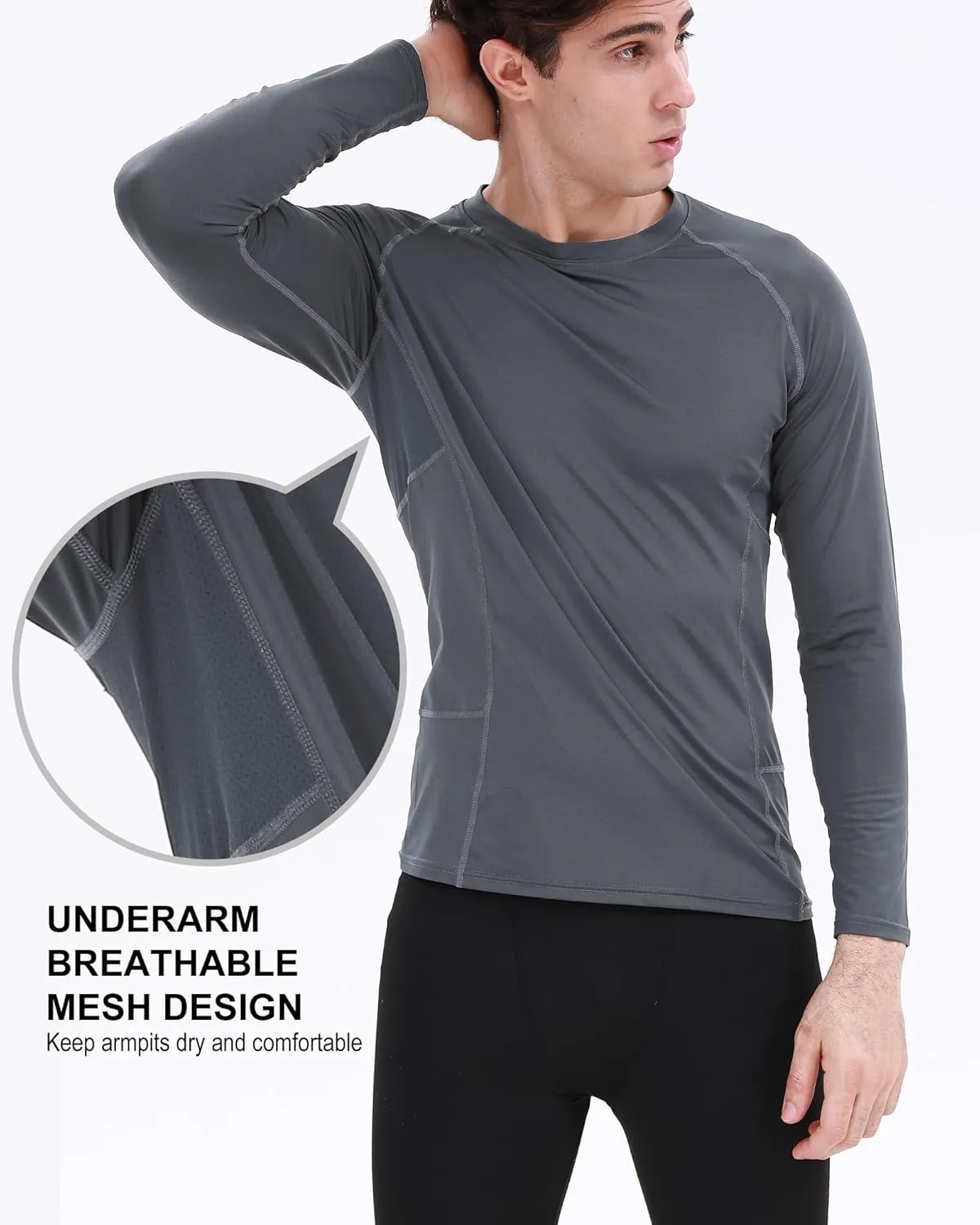 BOOMCOOL 3 Pack Long Sleeve Compression Shirts for Men Workout Clothes Gym T Shirt for Rash Guard Sports Undershirt