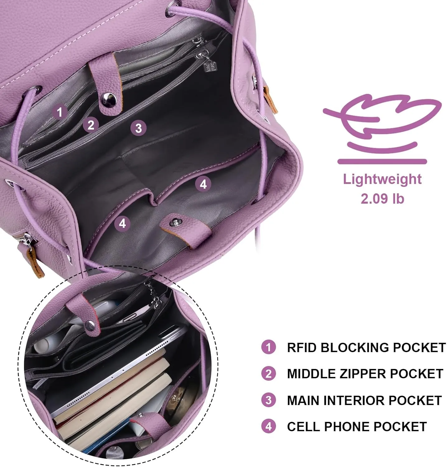 BOYATU Leather Backpack Purse for Women: Ladies Travel Fashion Back Pack - Genuine Leather Bag Casual Handbags for Work (Purple)