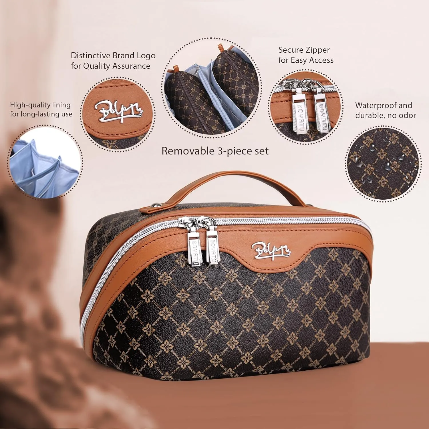 BOYATU Travel Makeup Bag Cosmetic Bags for Women: Large Make up Bags Set of 3 - Portable Makeup Organizer with Compartments&Handle&Divider - Waterproof PU Leather Toiletry Bag(01-Coffee)
