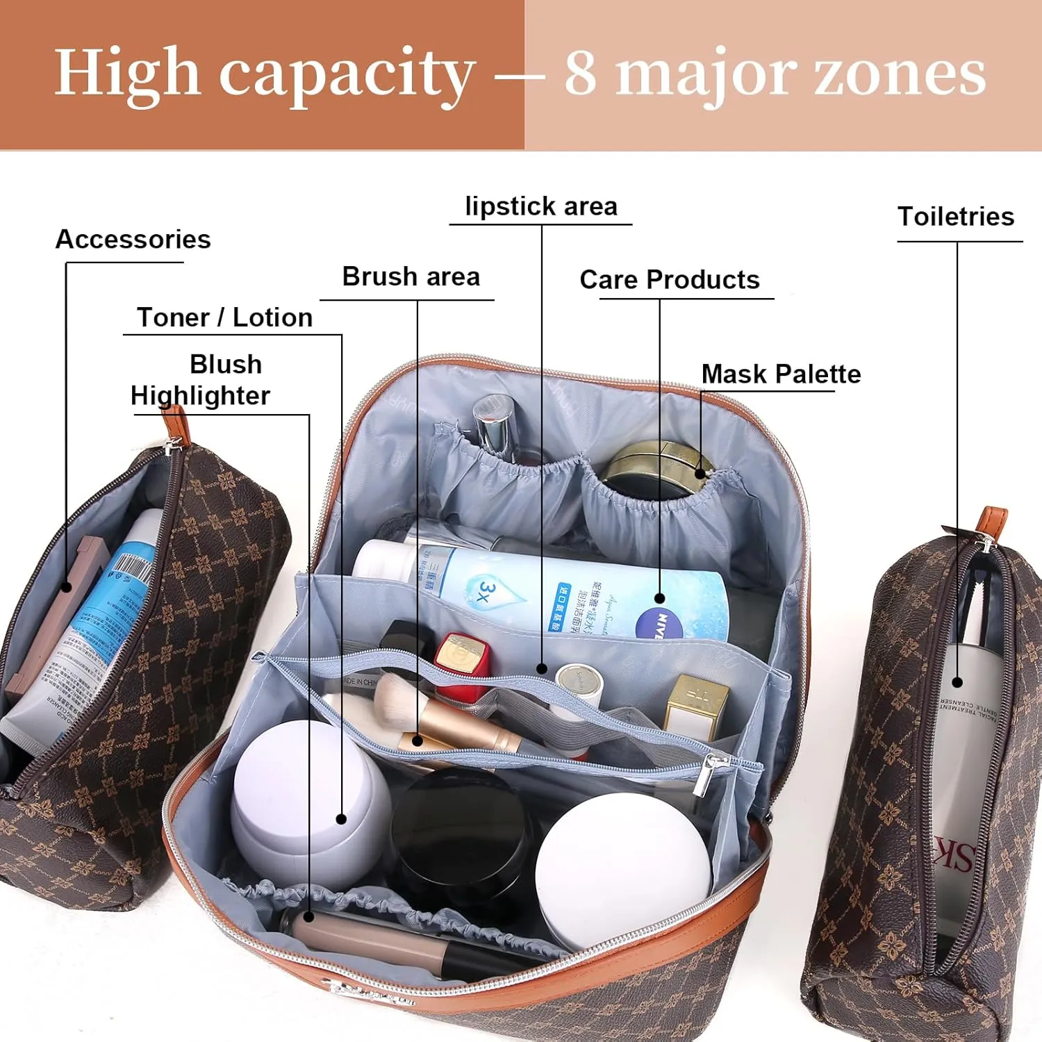 BOYATU Travel Makeup Bag Cosmetic Bags for Women: Large Make up Bags Set of 3 - Portable Makeup Organizer with Compartments&Handle&Divider - Waterproof PU Leather Toiletry Bag(01-Coffee)
