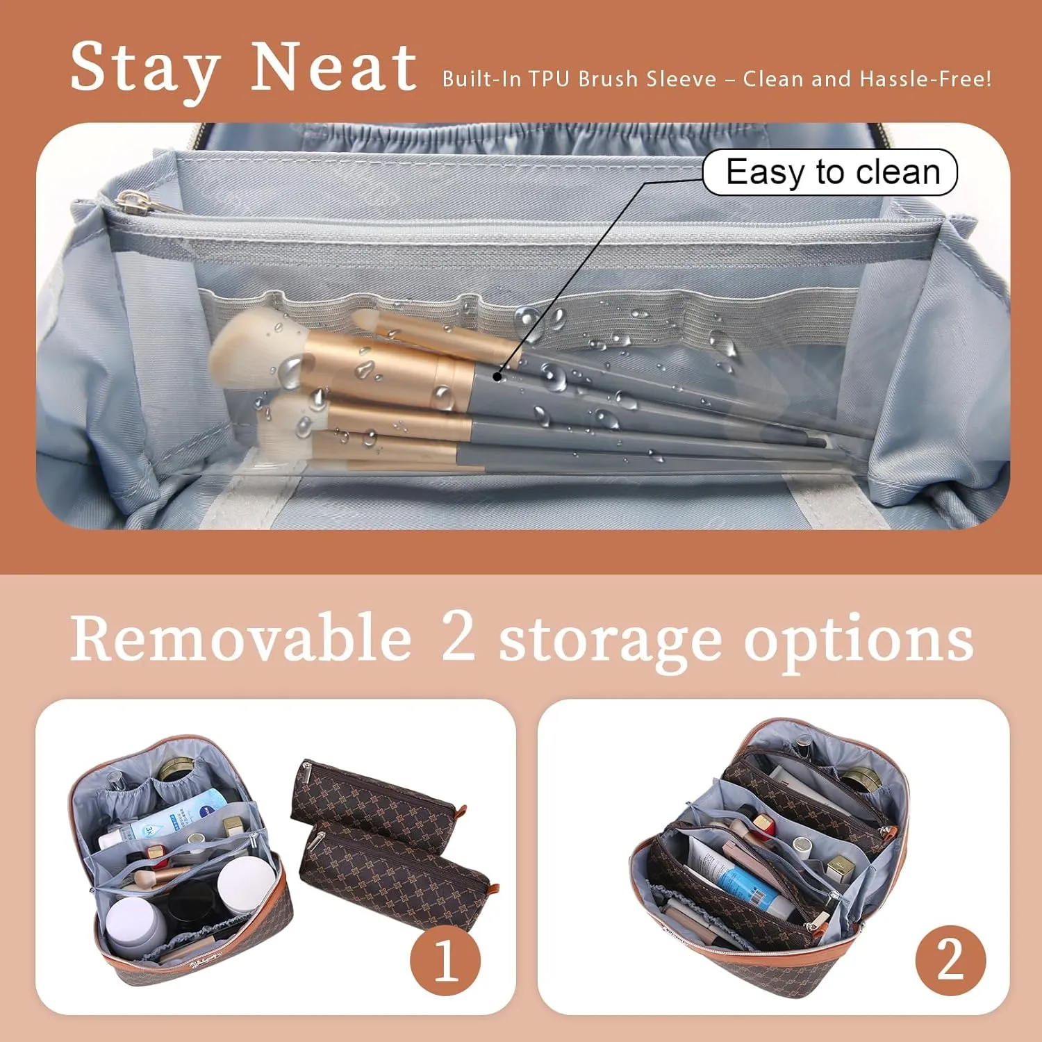 BOYATU Travel Makeup Bag Cosmetic Bags for Women: Large Make up Bags Set of 3 - Portable Makeup Organizer with Compartments&Handle&Divider - Waterproof PU Leather Toiletry Bag(01-Coffee)