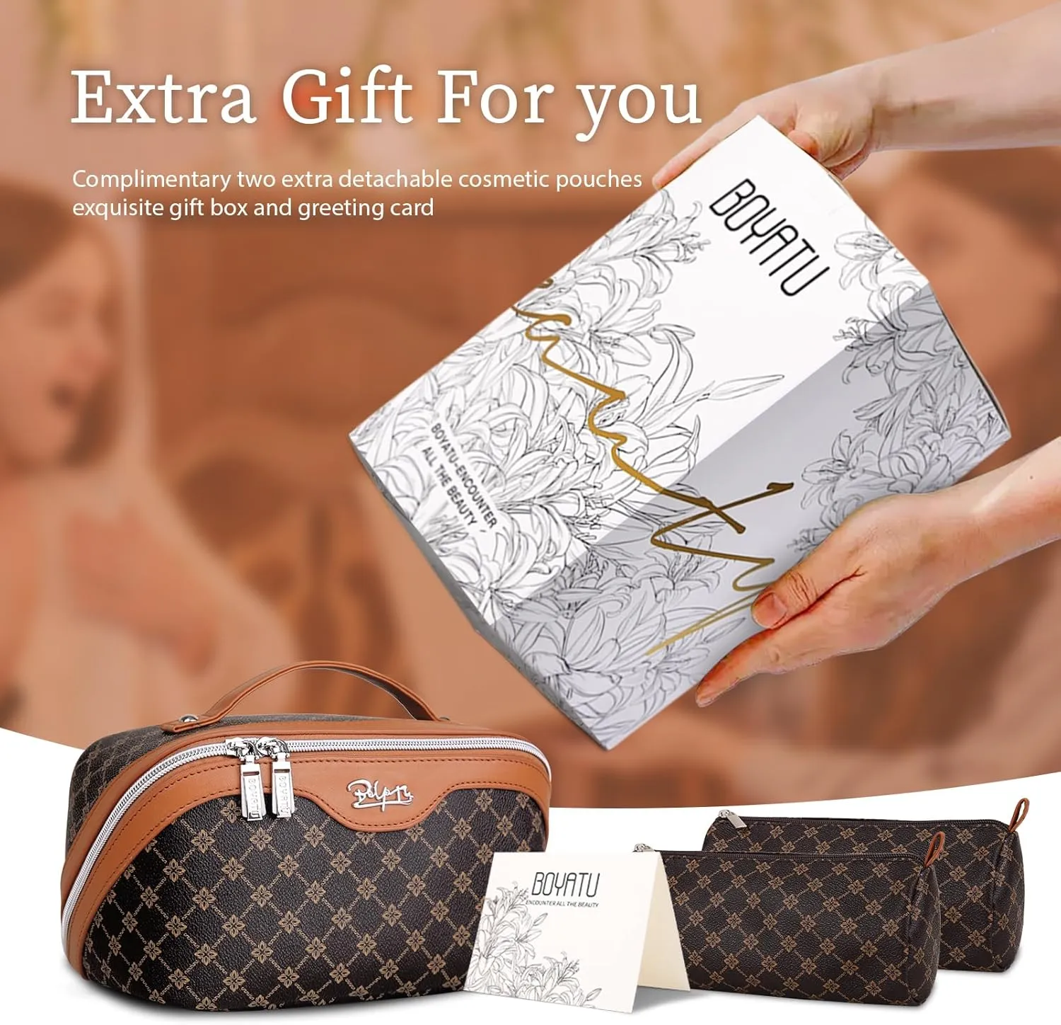 BOYATU Travel Makeup Bag Cosmetic Bags for Women: Large Make up Bags Set of 3 - Portable Makeup Organizer with Compartments&Handle&Divider - Waterproof PU Leather Toiletry Bag(01-Coffee)