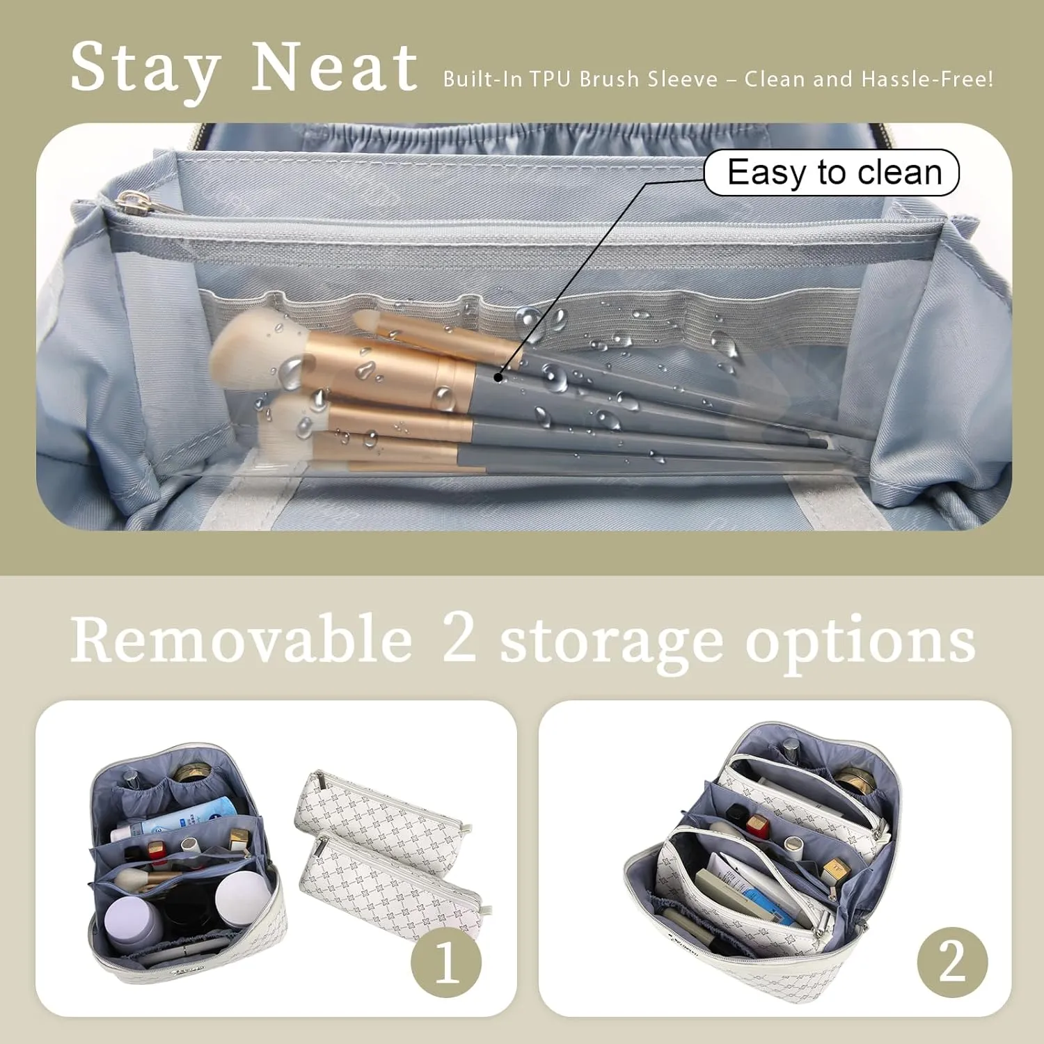 BOYATU Travel Makeup Bag Cosmetic Bags for Women: Large Make up Bags Set of 3 - Portable Makeup Organizer with Compartments&Handle&Divider - Waterproof PU Leather Toiletry Bag(01-Milky white)