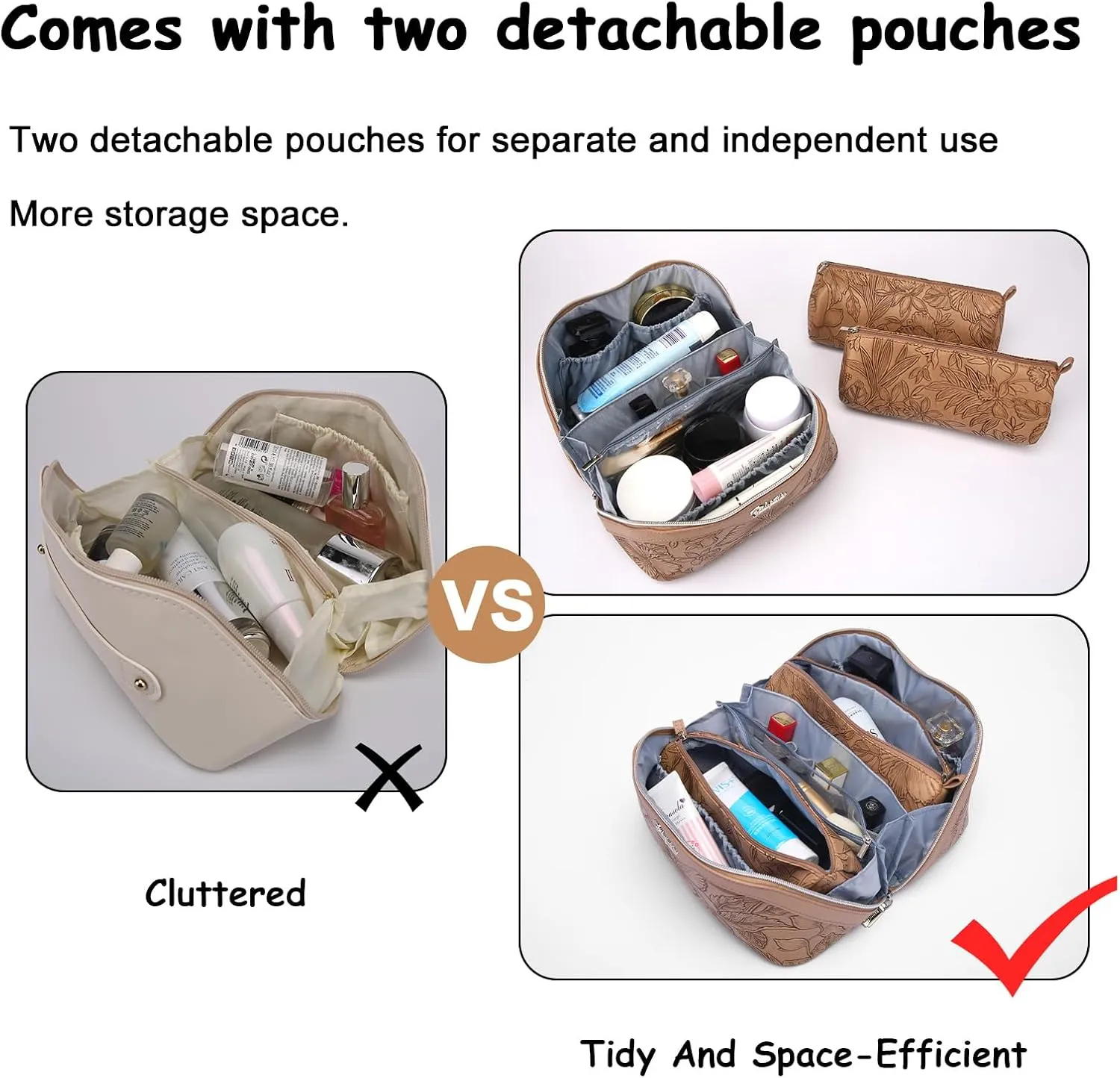 BOYATU Travel Makeup Bags Cosmetic Organizer Bag: 3-Set Large Capacity Make up Bag - PU Leather Toiletry Bags for Women - Wide Open Portable Pouch with Divider & Handle (01-Z-Brown)