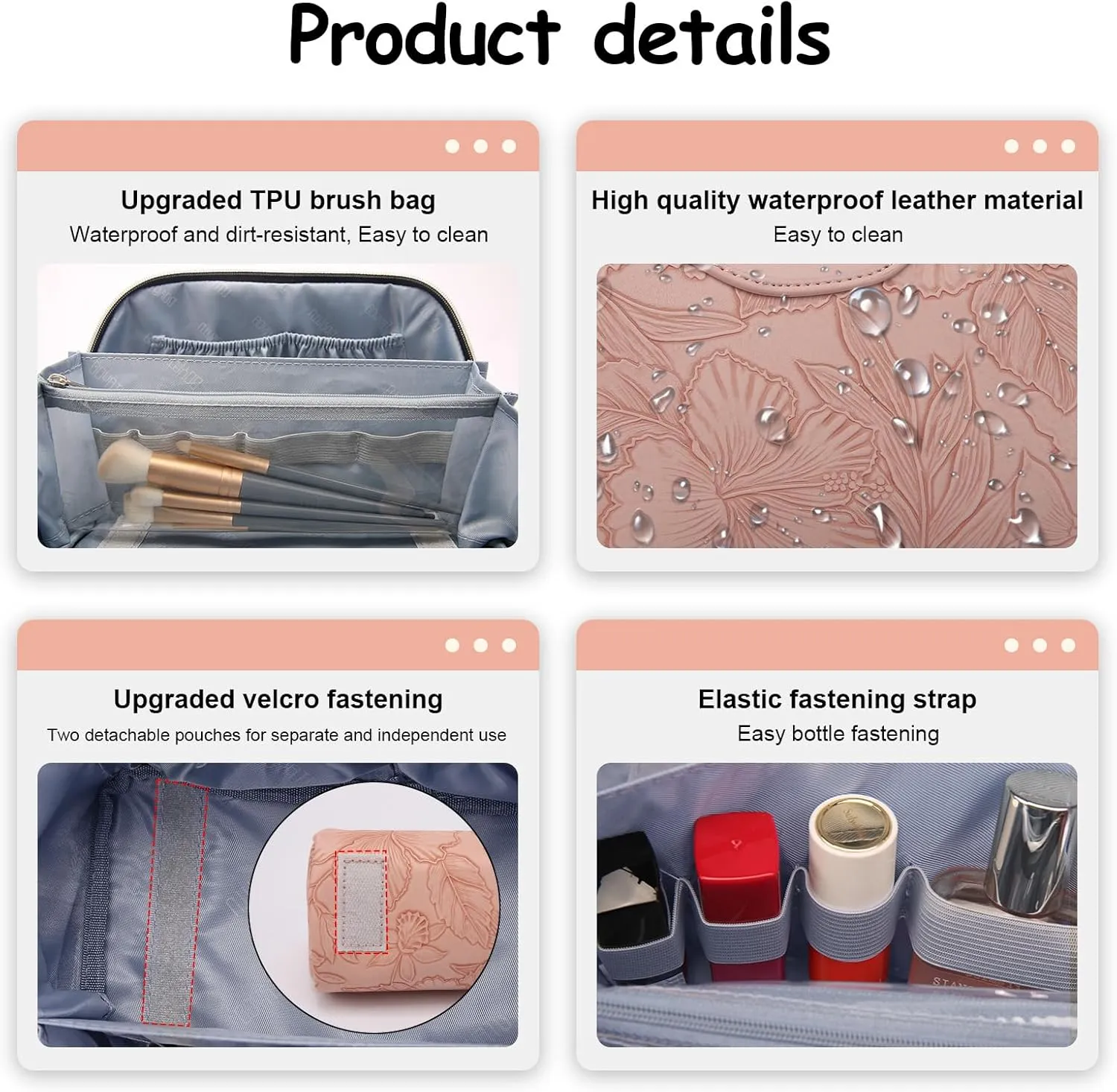 BOYATU Travel Makeup Bags Cosmetic Organizer Bag: 3-Set Large Capacity Make up Bag - PU Leather Toiletry Bags for Women - Wide Open Portable Pouch with Divider & Handle (01-Z-Pink)