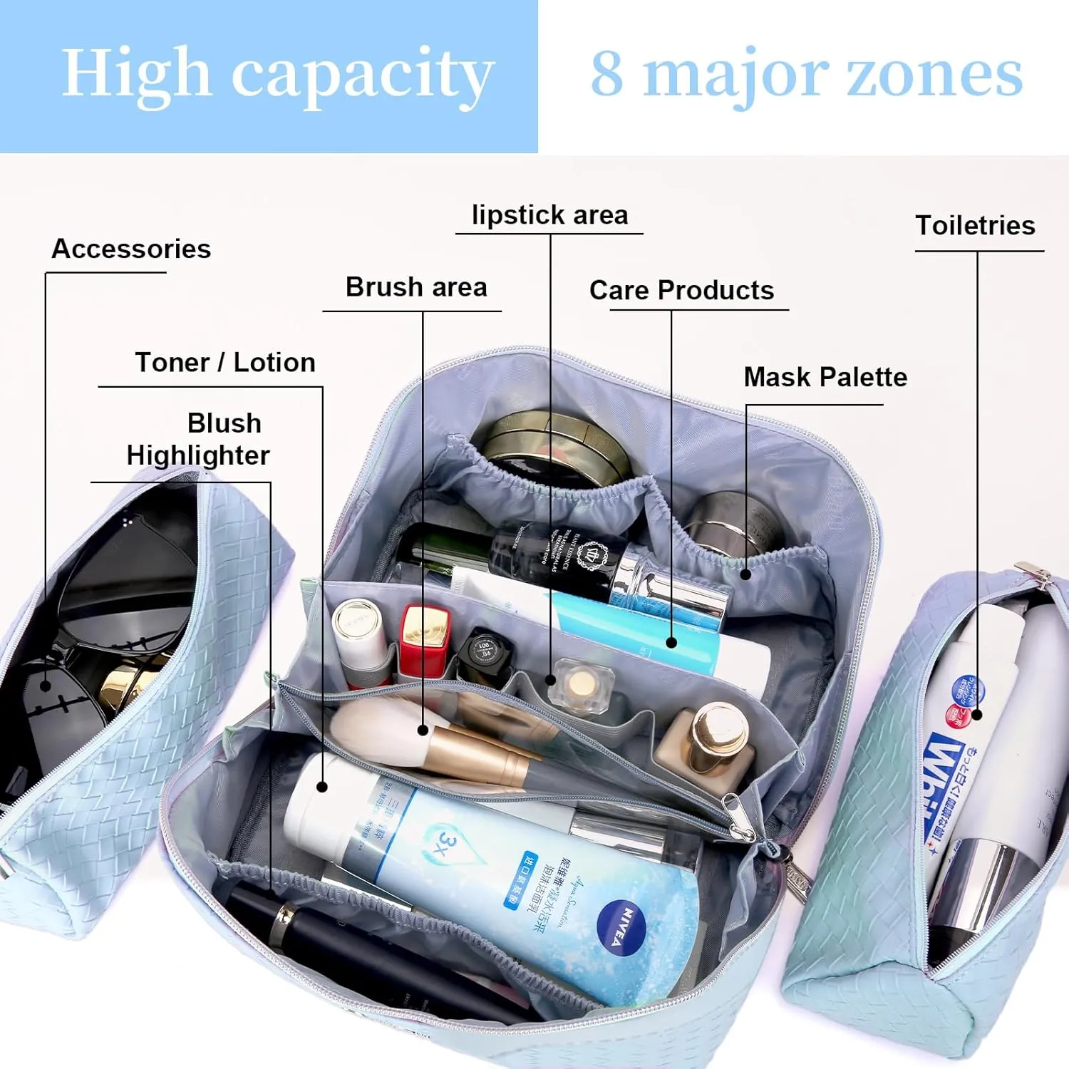 BOYATU Travel Makeup Bags for Women: Large Makeup Organizer - PU Leather Make up Bag Set of 3 - Portable Toiletry Bag with Compartments & Handle & Divider (L02 Light Blue)
