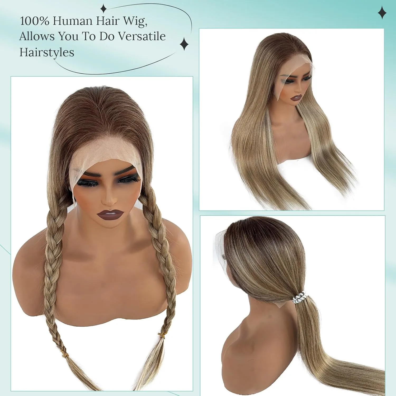 Brown Highlight Wig Human Hair 13x4 HD Lace Frontal Real Human Hair Wigs Ash Brown and Light Blonde Balayage Lace Front Wig Pre Plucked Glueless Blonde Ombre Highlight Wig 24 Inch 180% Density