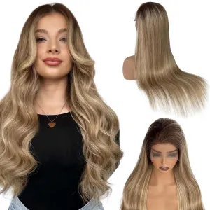 Brown Highlight Wig Human Hair 13x4 HD Lace Frontal Real Human Hair Wigs Ash Brown and Light Blonde Balayage Lace Front Wig Pre Plucked Glueless Blonde Ombre Highlight Wig 24 Inch 180% Density