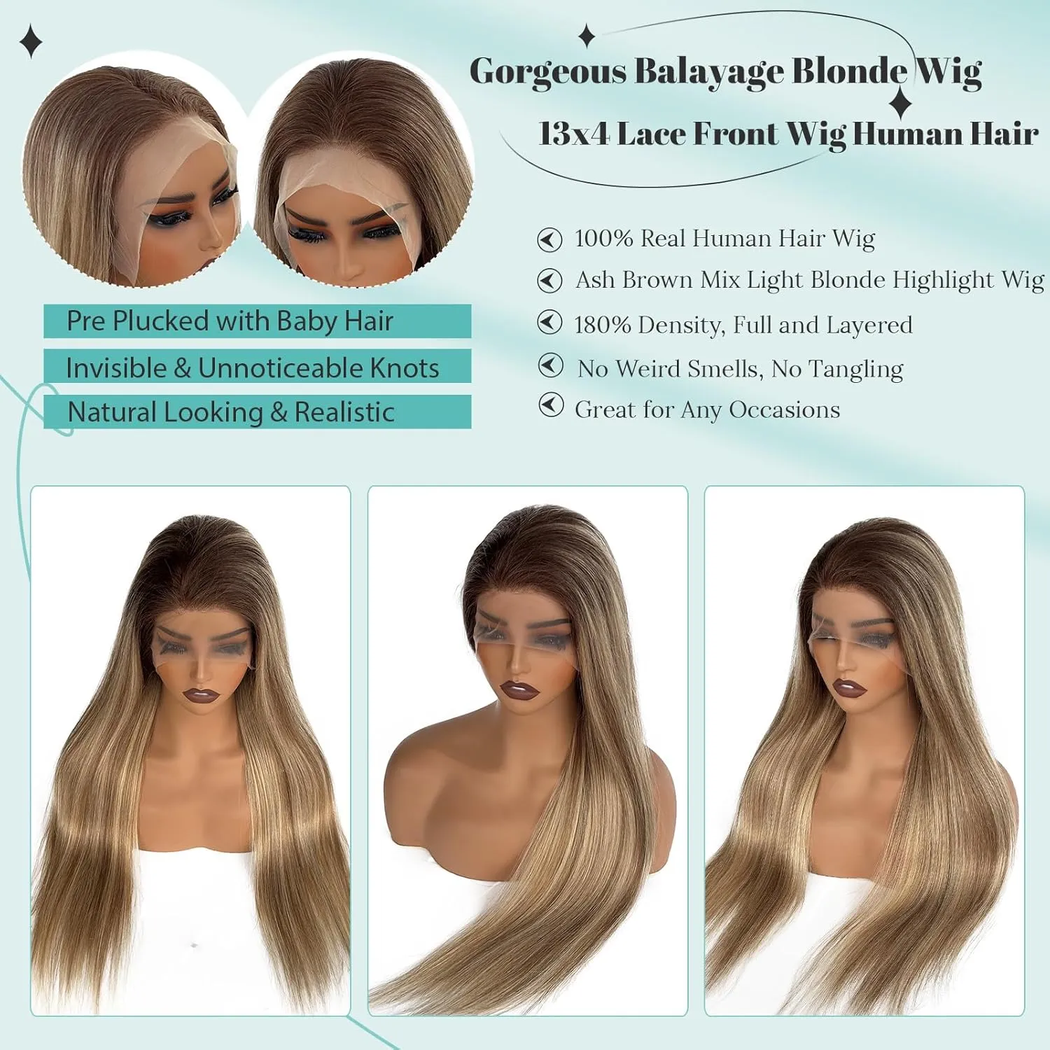 Brown Highlight Wig Human Hair 13x4 HD Lace Frontal Real Human Hair Wigs Ash Brown and Light Blonde Balayage Lace Front Wig Pre Plucked Glueless Blonde Ombre Highlight Wig 24 Inch 180% Density