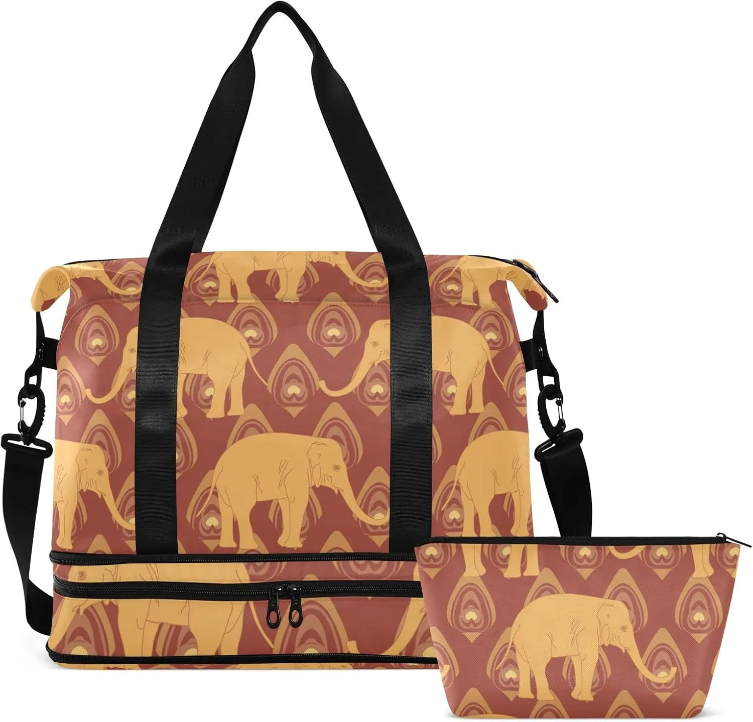 Brown Ochre Monochrome Tribal Indian Elephant Peacock Feather Gym Duffel Bag, Polyester Travel Weekender Luggage Handbag with Waterproof Pocket for Wet Items, Unisex Foldable Tote for Sports