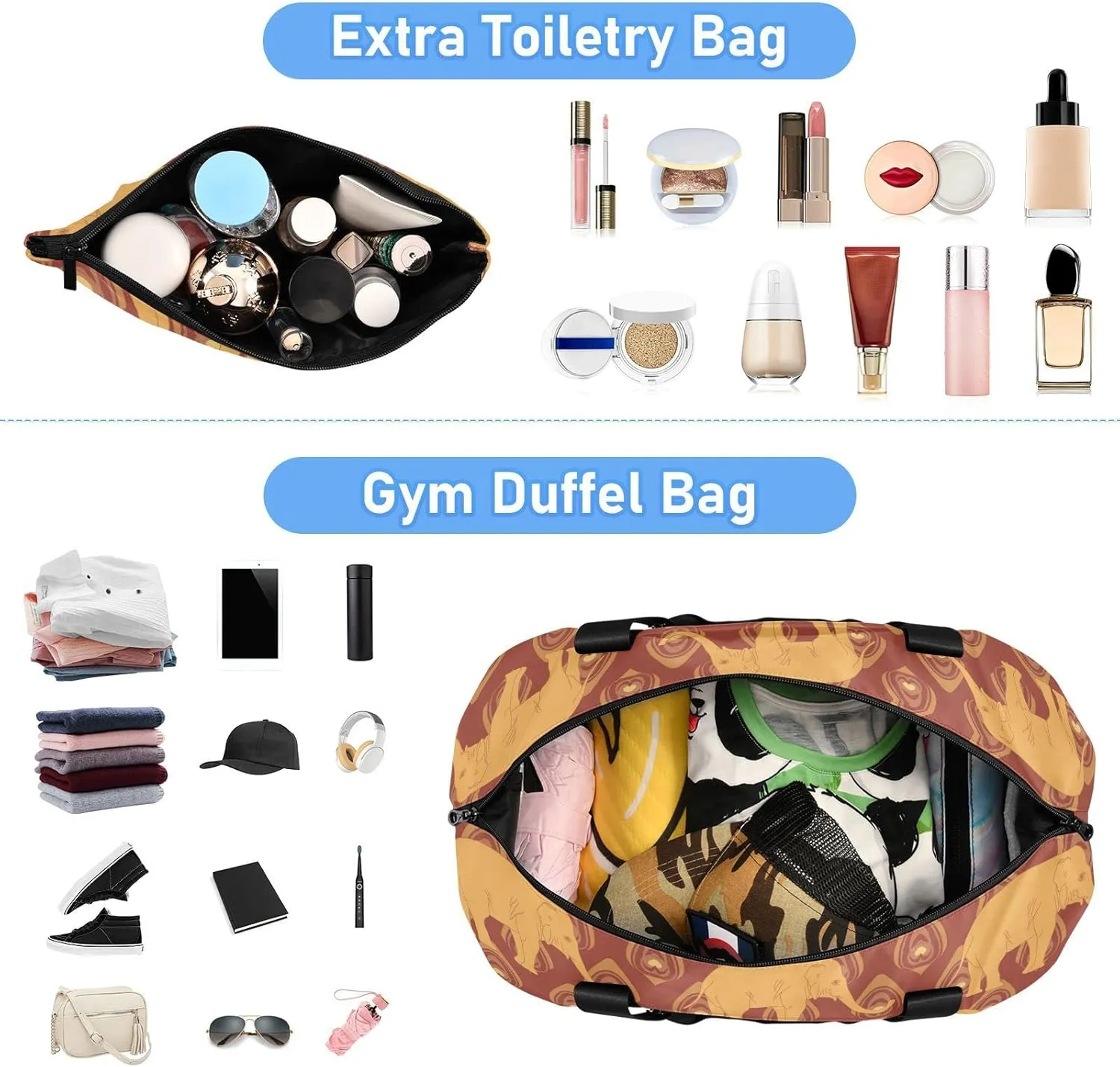 Brown Ochre Monochrome Tribal Indian Elephant Peacock Feather Gym Duffel Bag, Polyester Travel Weekender Luggage Handbag with Waterproof Pocket for Wet Items, Unisex Foldable Tote for Sports