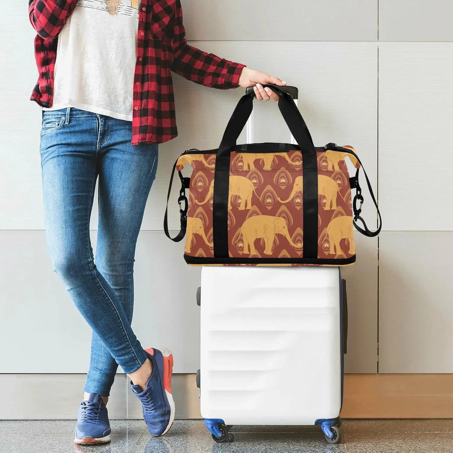 Brown Ochre Monochrome Tribal Indian Elephant Peacock Feather Gym Duffel Bag, Polyester Travel Weekender Luggage Handbag with Waterproof Pocket for Wet Items, Unisex Foldable Tote for Sports