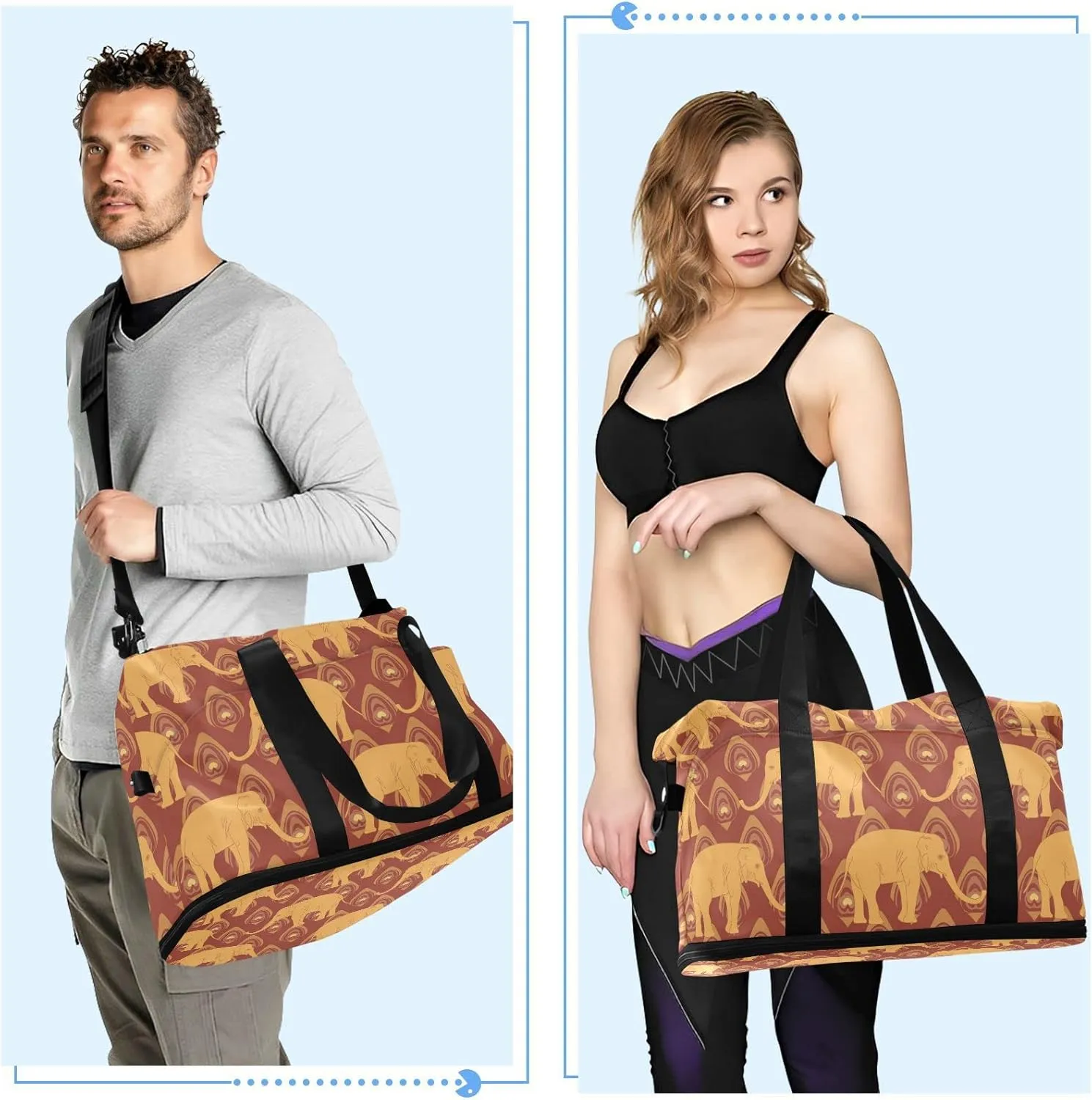 Brown Ochre Monochrome Tribal Indian Elephant Peacock Feather Gym Duffel Bag, Polyester Travel Weekender Luggage Handbag with Waterproof Pocket for Wet Items, Unisex Foldable Tote for Sports