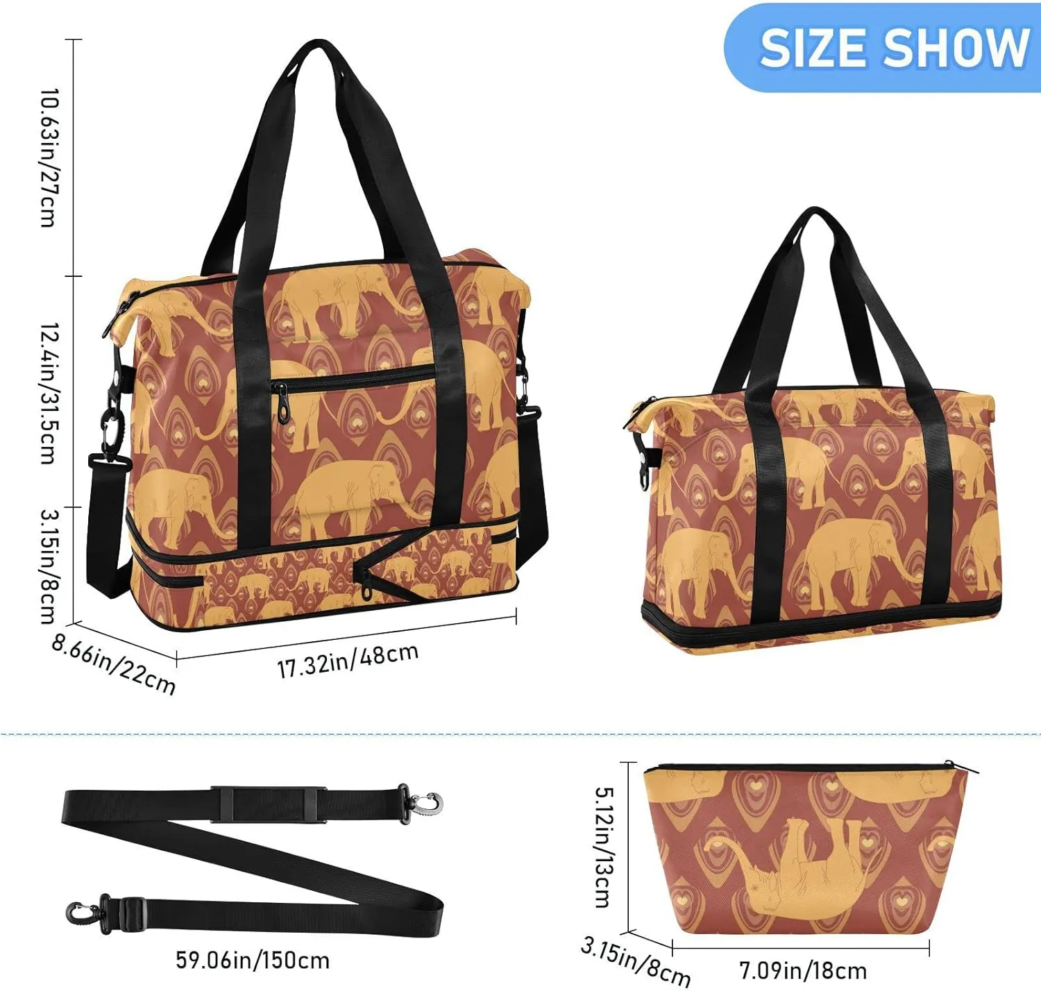 Brown Ochre Monochrome Tribal Indian Elephant Peacock Feather Gym Duffel Bag, Polyester Travel Weekender Luggage Handbag with Waterproof Pocket for Wet Items, Unisex Foldable Tote for Sports