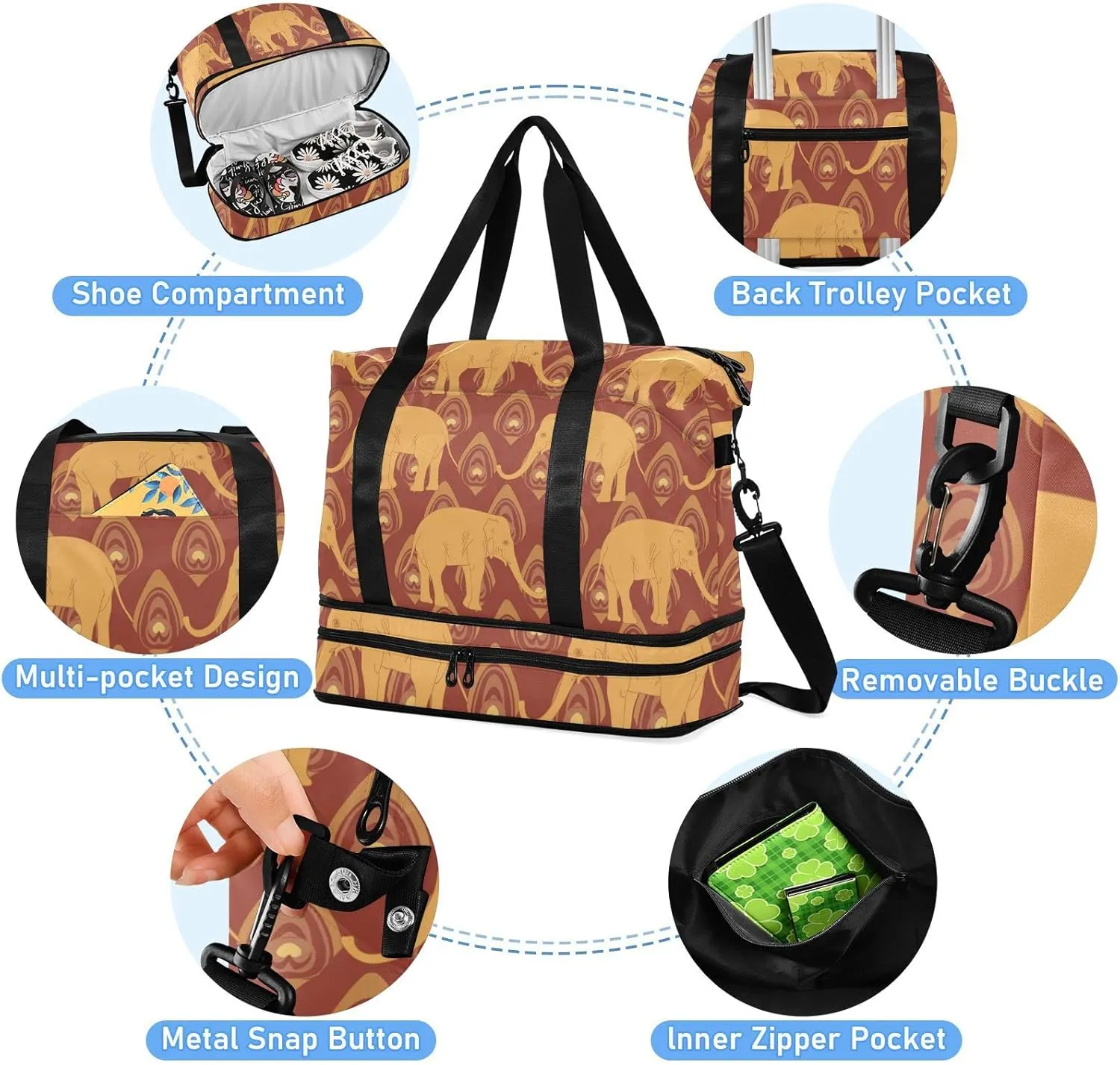 Brown Ochre Monochrome Tribal Indian Elephant Peacock Feather Gym Duffel Bag, Polyester Travel Weekender Luggage Handbag with Waterproof Pocket for Wet Items, Unisex Foldable Tote for Sports