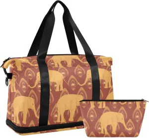Brown Ochre Monochrome Tribal Indian Elephant Peacock Feather Gym Duffel Bag, Polyester Travel Weekender Luggage Handbag with Waterproof Pocket for Wet Items, Unisex Foldable Tote for Sports