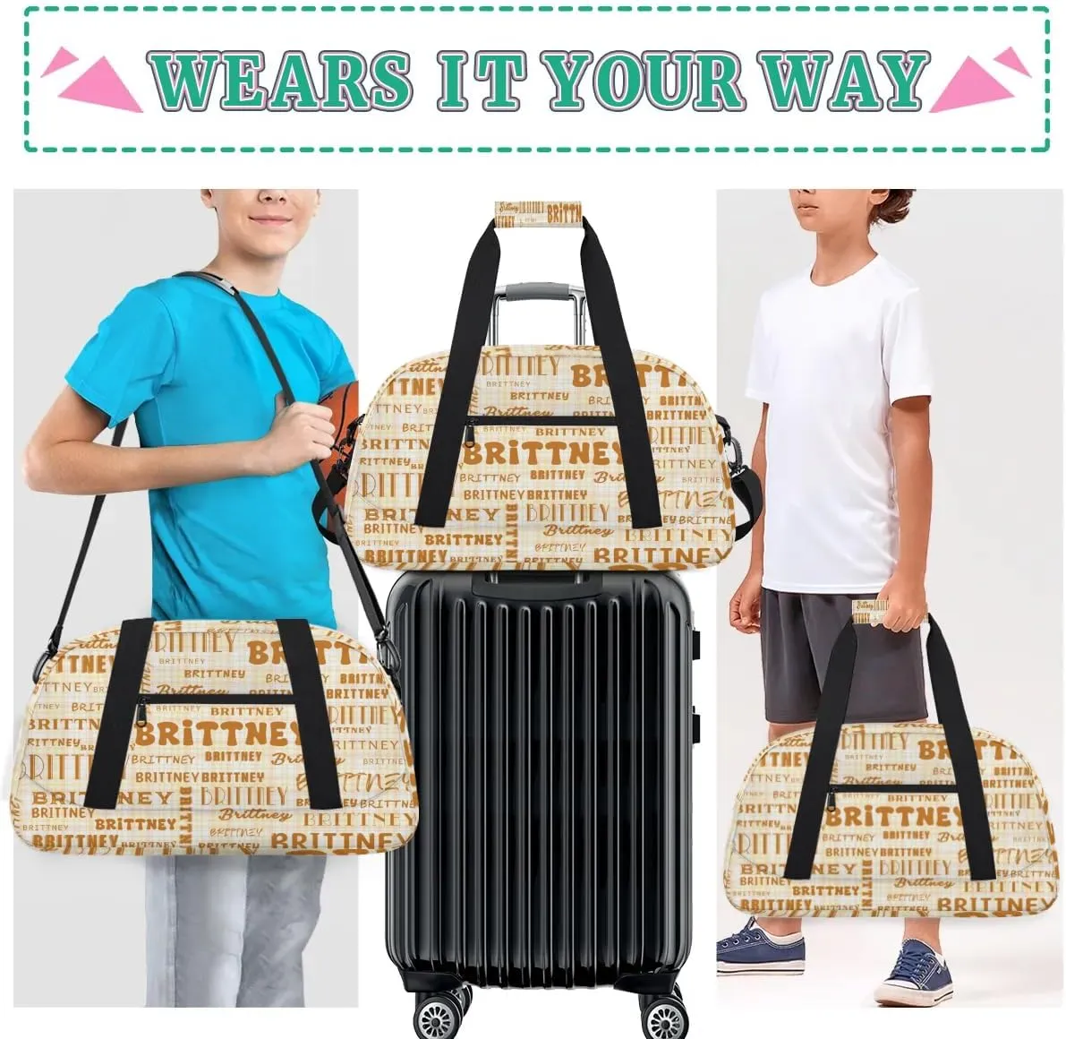 Brown Personalized Duffle Bag for Kids Custom Dance Ballet Bag with Name Lightweight Travel Weekender Overnight Bags Sport Gym Duffel Bag Workout Carry On Tote for Girls Boys