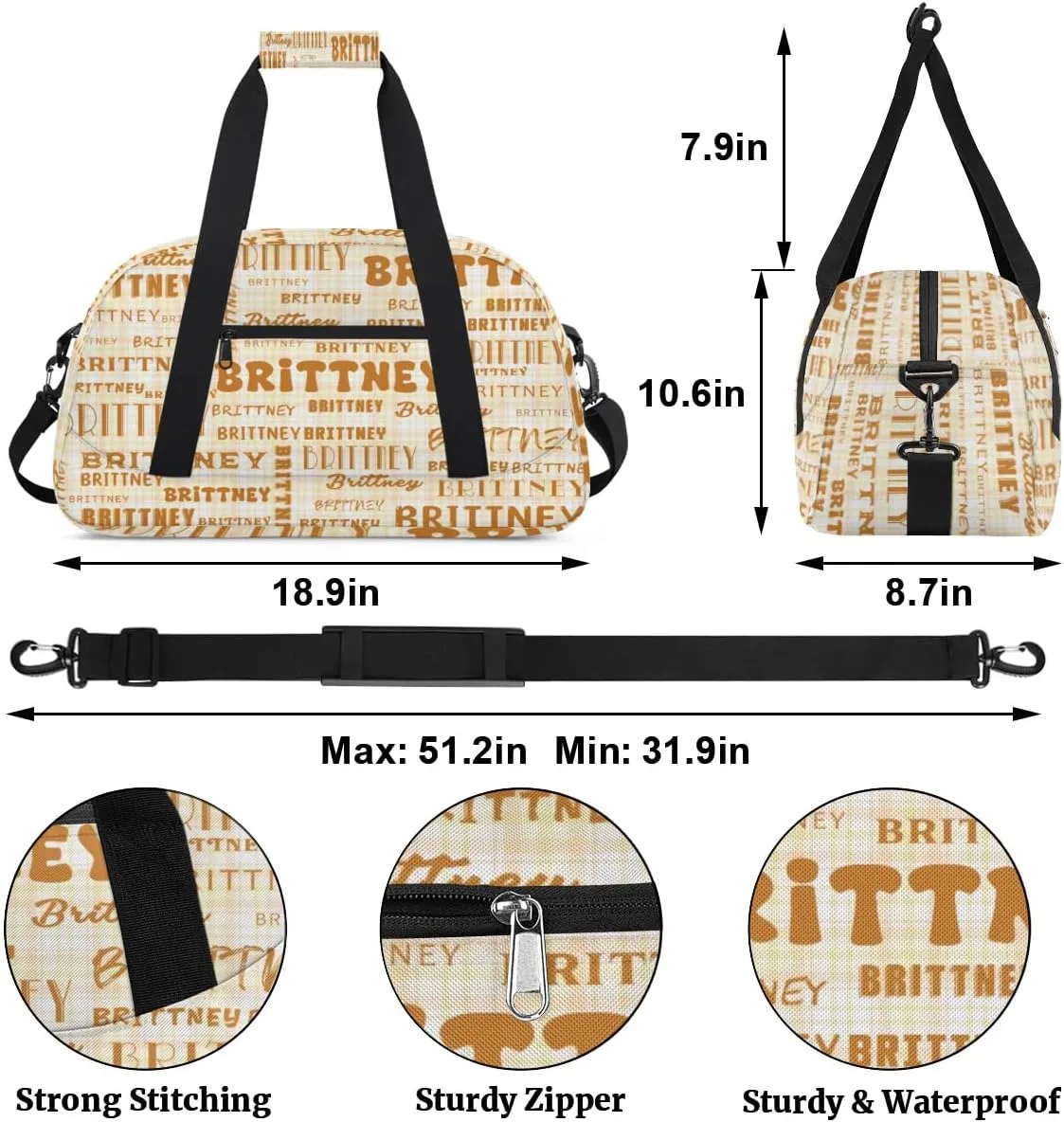 Brown Personalized Duffle Bag for Kids Custom Dance Ballet Bag with Name Lightweight Travel Weekender Overnight Bags Sport Gym Duffel Bag Workout Carry On Tote for Girls Boys