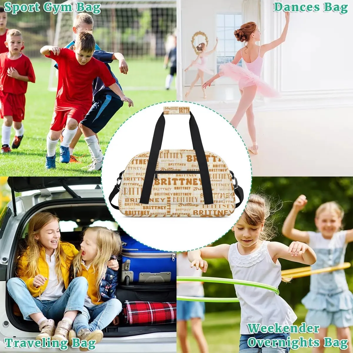 Brown Personalized Duffle Bag for Kids Custom Dance Ballet Bag with Name Lightweight Travel Weekender Overnight Bags Sport Gym Duffel Bag Workout Carry On Tote for Girls Boys