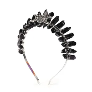 Bubbmi Black Raw Crystal Tiara Headband, Natural Quartz Moon Goddess Witch Fashion Hair Band for Wiccan Cosplay Party Headwear