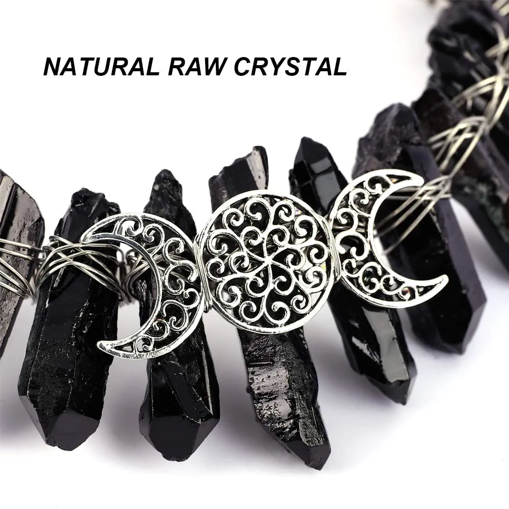 Bubbmi Black Raw Crystal Tiara Headband, Natural Quartz Moon Goddess Witch Fashion Hair Band for Wiccan Cosplay Party Headwear