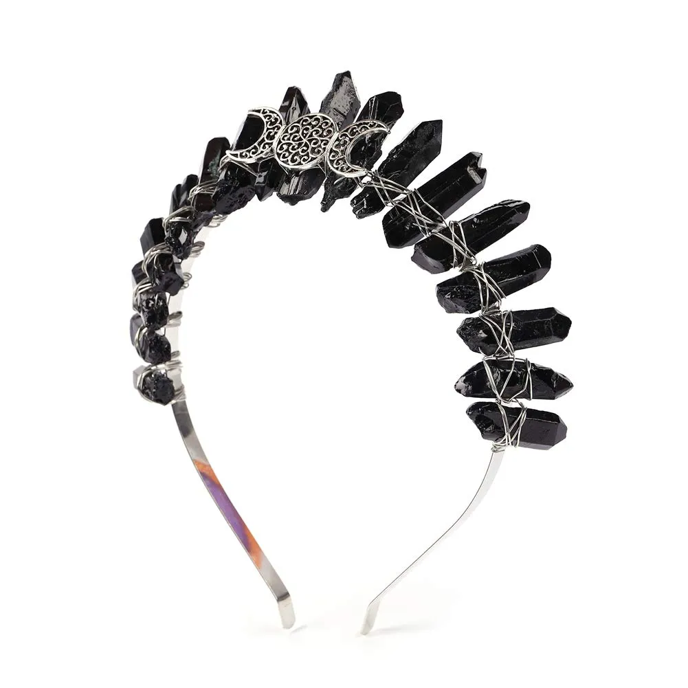 Bubbmi Black Raw Crystal Tiara Headband, Natural Quartz Moon Goddess Witch Fashion Hair Band for Wiccan Cosplay Party Headwear