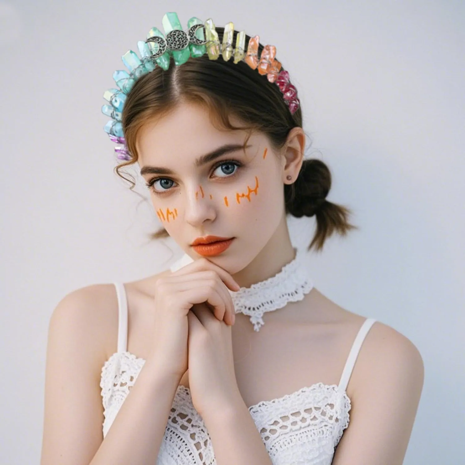 Bubbmi Boho Crystal Crown Headband, Natural Quartz Rhinestone Tiara Headpiece for Women Girls Wedding Parties Photography