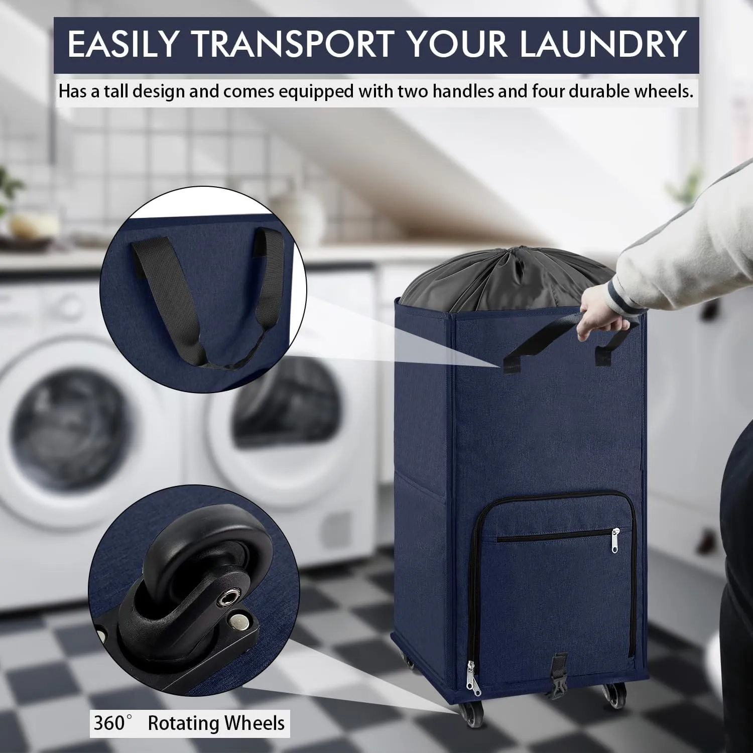 Bukere Large Rolling Laundry Basket, Laundry Hamper with Wheels, 4 Casters and 2 Handles, Collapsible Freestanding Wheeled Laundry Bag for Clothes, Apartment, College