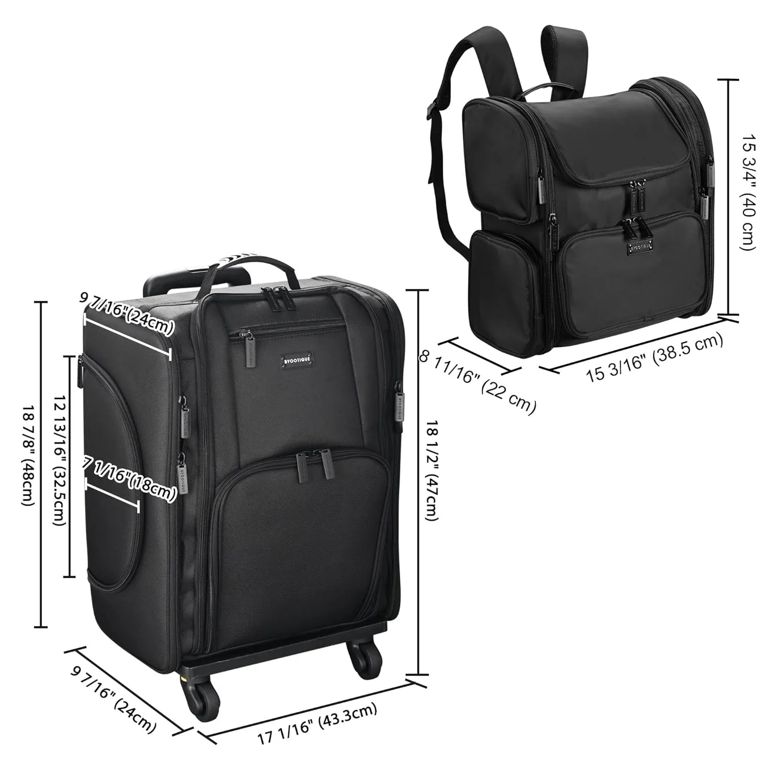 BYOOTIQUE 2in1 Soft Sided Rolling Makeup Train Case with Makeup Backpack Kit Cosmetic Organizer Carry on Travel Trolley with Heat Isolation Side Pocket 7 Toiletry Bags for Makeup Manicurist, Purple