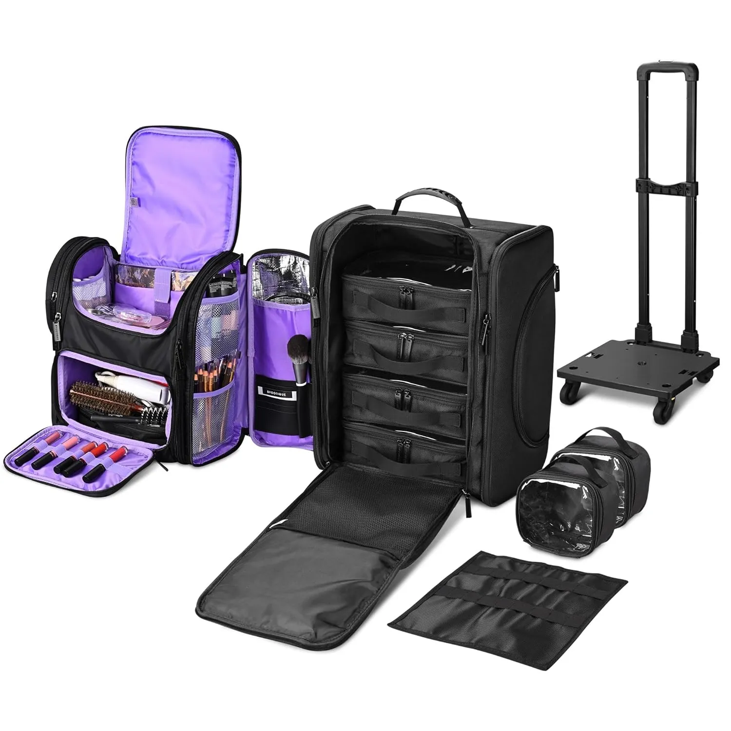 BYOOTIQUE 2in1 Soft Sided Rolling Makeup Train Case with Makeup Backpack Kit Cosmetic Organizer Carry on Travel Trolley with Heat Isolation Side Pocket 7 Toiletry Bags for Makeup Manicurist, Purple