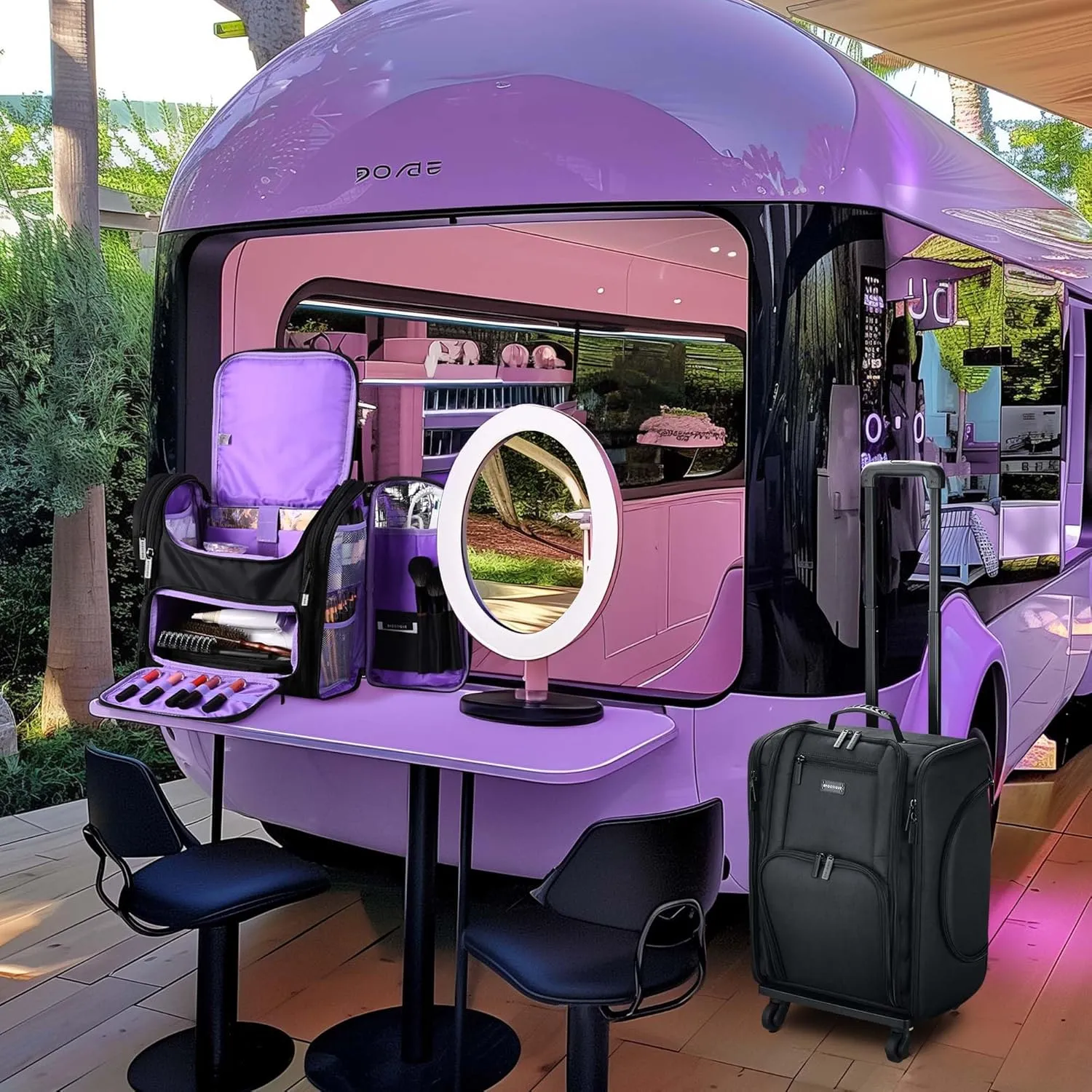 BYOOTIQUE 2in1 Soft Sided Rolling Makeup Train Case with Makeup Backpack Kit Cosmetic Organizer Carry on Travel Trolley with Heat Isolation Side Pocket 7 Toiletry Bags for Makeup Manicurist, Purple