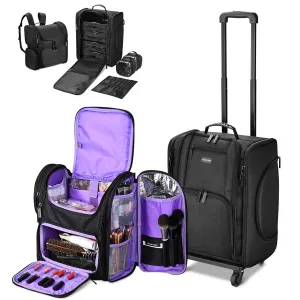 BYOOTIQUE 2in1 Soft Sided Rolling Makeup Train Case with Makeup Backpack Kit Cosmetic Organizer Carry on Travel Trolley with Heat Isolation Side Pocket 7 Toiletry Bags for Makeup Manicurist, Purple