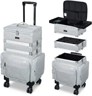 BYOOTIQUE 3in1 Soft Sided Rolling Makeup Train Case Cosmetology Case On Wheels Large Organizer Storage Cosmetic Trolley With Adjustable Divider For Makeup Artist Nail Wedding Travel Glitter Silver