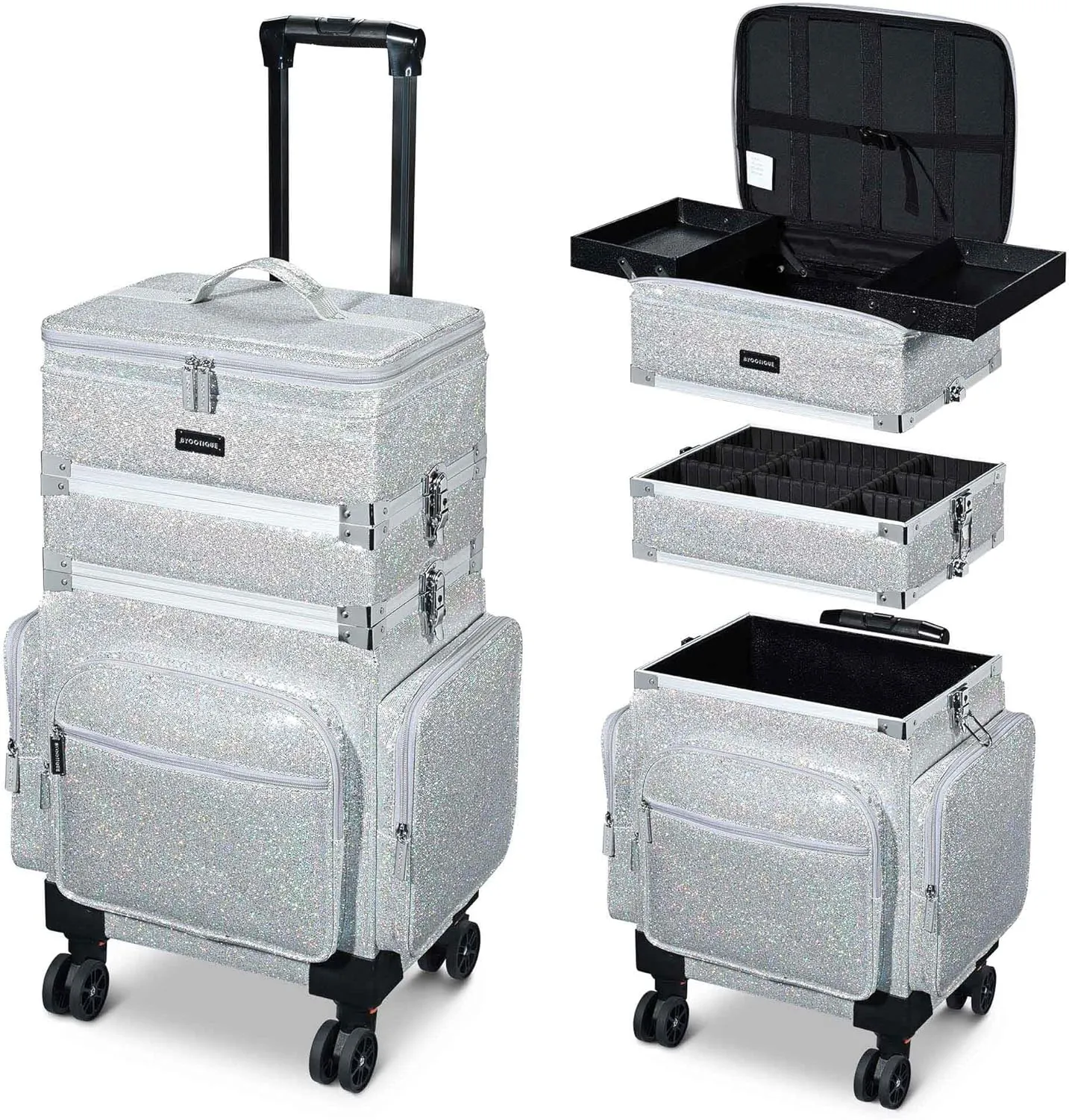 BYOOTIQUE 3in1 Soft Sided Rolling Makeup Train Case Cosmetology Case On Wheels Large Organizer Storage Cosmetic Trolley With Adjustable Divider For Makeup Artist Nail Wedding Travel Glitter Silver