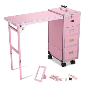 BYOOTIQUE Portable Manicure Table for Nail Teach Left-Hander Foldable Desk Station Makeup Train Case Organizer Storage Box with Two-Way Removable Tabletop Technician Salon Workstation,Pink