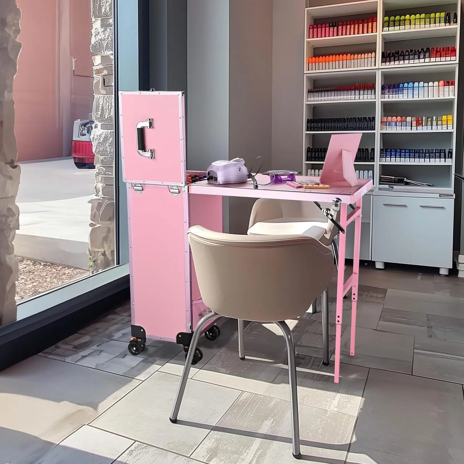 BYOOTIQUE Portable Manicure Table for Nail Teach Left-Hander Foldable Desk Station Makeup Train Case Organizer Storage Box with Two-Way Removable Tabletop Technician Salon Workstation,Pink
