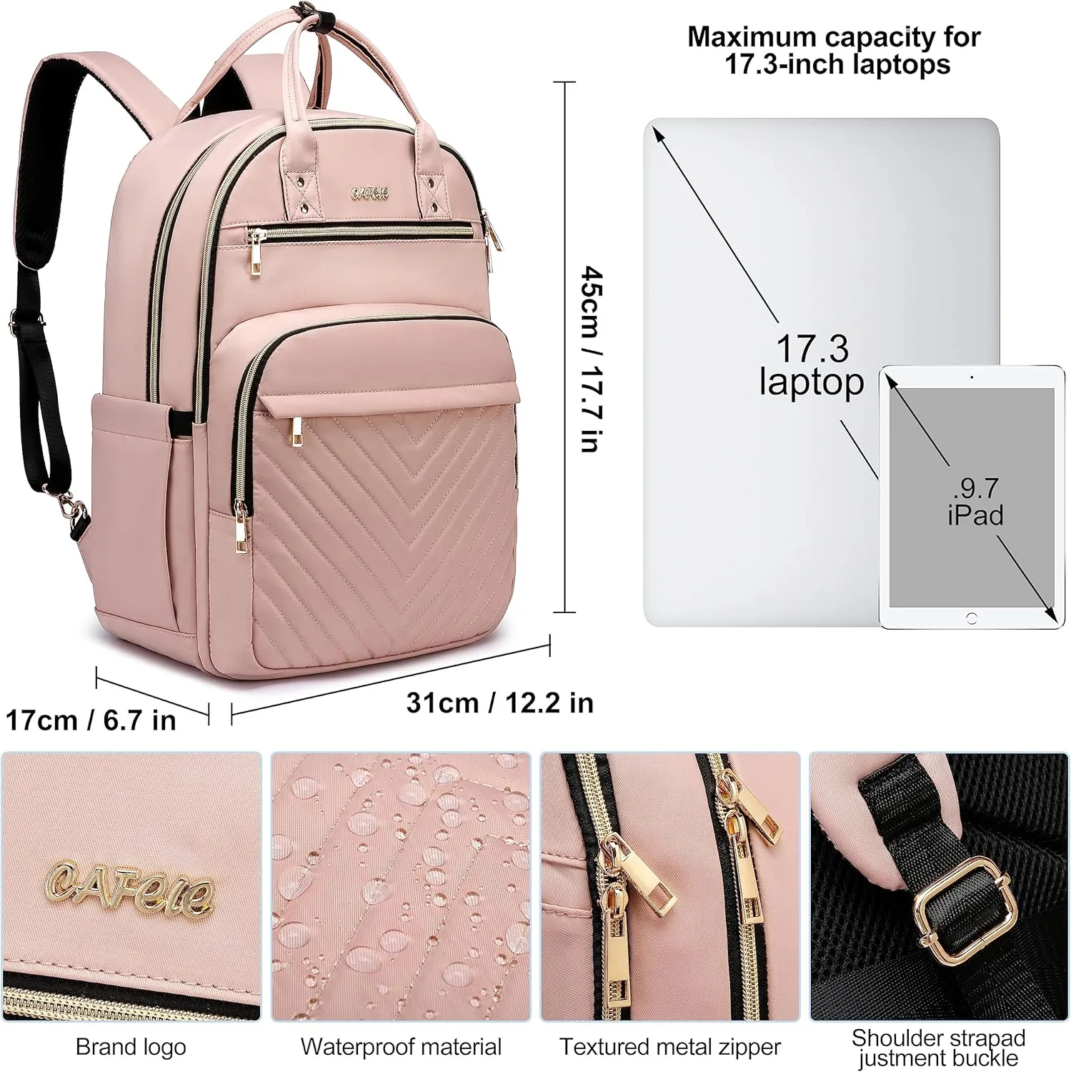 CAFELE College Bookbag,17.3 Inch Laptop Backpack Women, Anti Theft Business Bagpack with USB Port, Water Resistant Travel Large Capacity Pink Computer Backpacks for Work