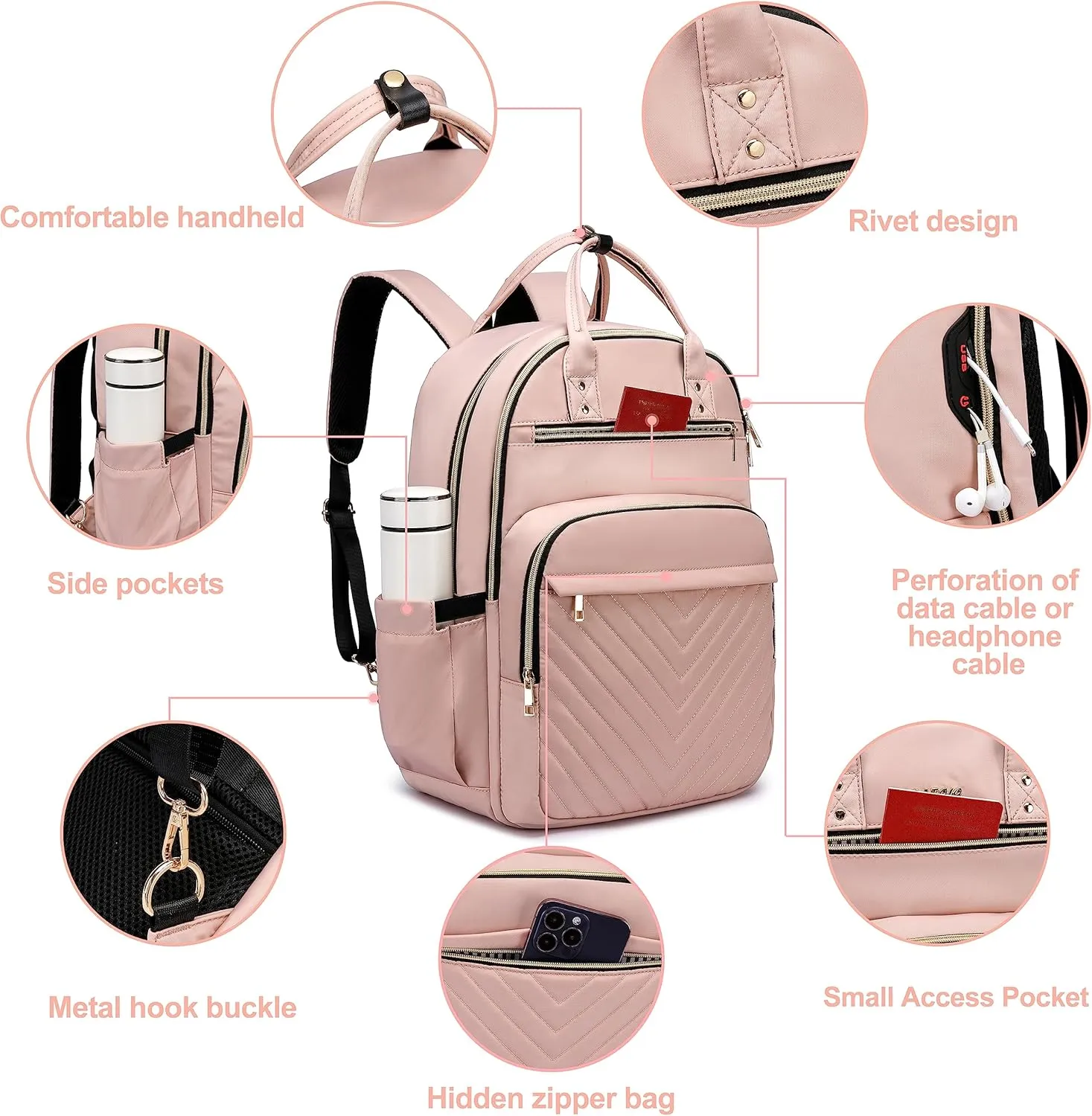 CAFELE College Bookbag,17.3 Inch Laptop Backpack Women, Anti Theft Business Bagpack with USB Port, Water Resistant Travel Large Capacity Pink Computer Backpacks for Work
